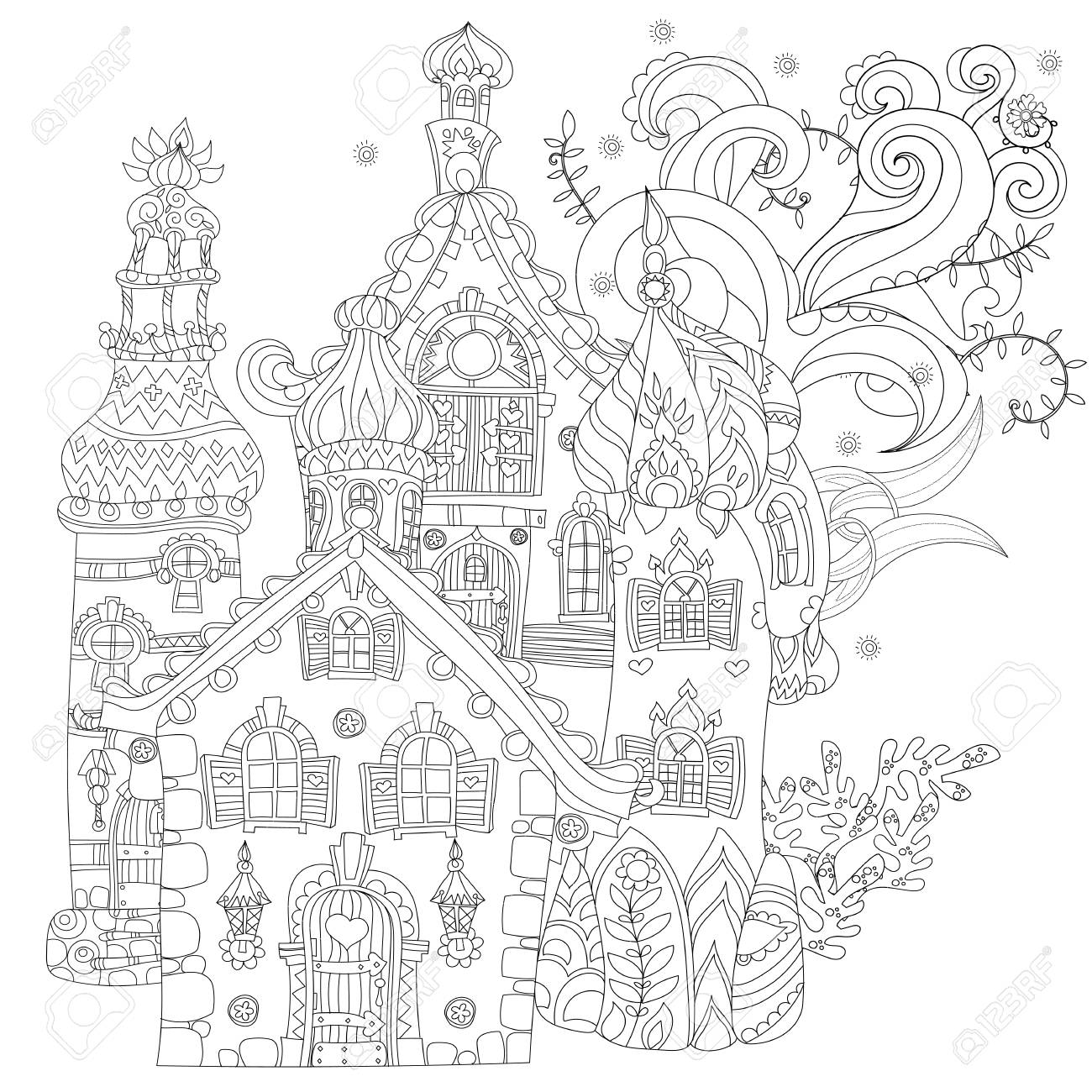 かわいいおとぎ話町の落書きイラスト はがき印刷や大人の塗り絵をスケッチします のイラスト素材 ベクタ Image