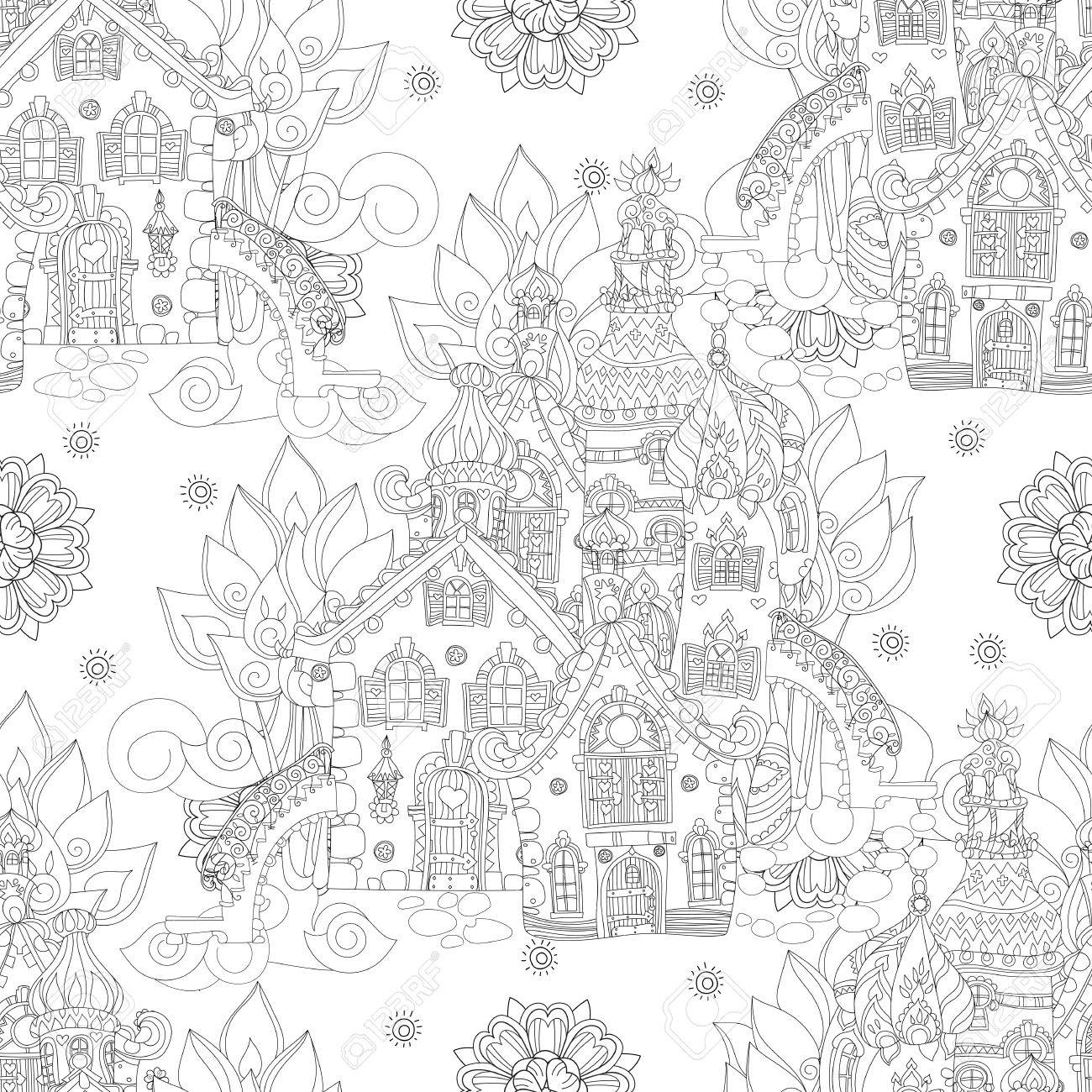 Cute Fairy Tale Town Doodle Seamless Pattern Sketch For Postcard Or Print Or Coloring Adult Book Royalty Free Cliparts Vectors And Stock Illustration Image