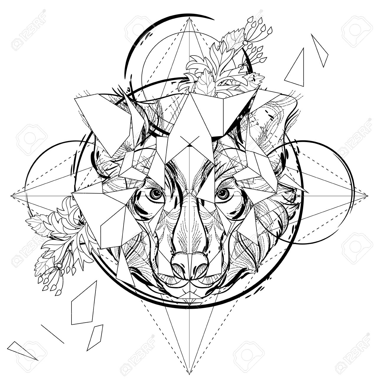 Animal head triangular icon , geometric trendy line design. Vector illustration ready for tattoo or coloring book. Wolf head low-poly sketch. - 54270417 Animal head triangular icon , geometric trendy line design. Vector illustration ready for tattoo or coloring book. Wolf head low-poly sketch. - 54270417