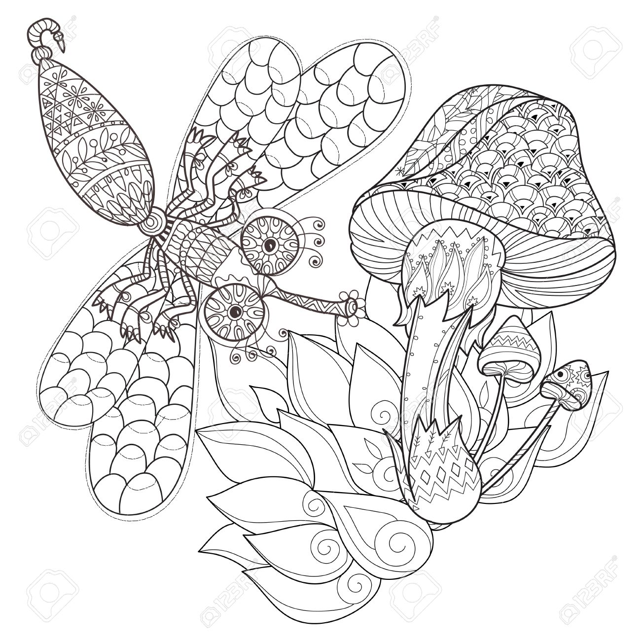 children or adult coloring pages Hand drawn doodle outline magic mushrooms and dragonfly decorated with floral ornaments Sketch for tattoo