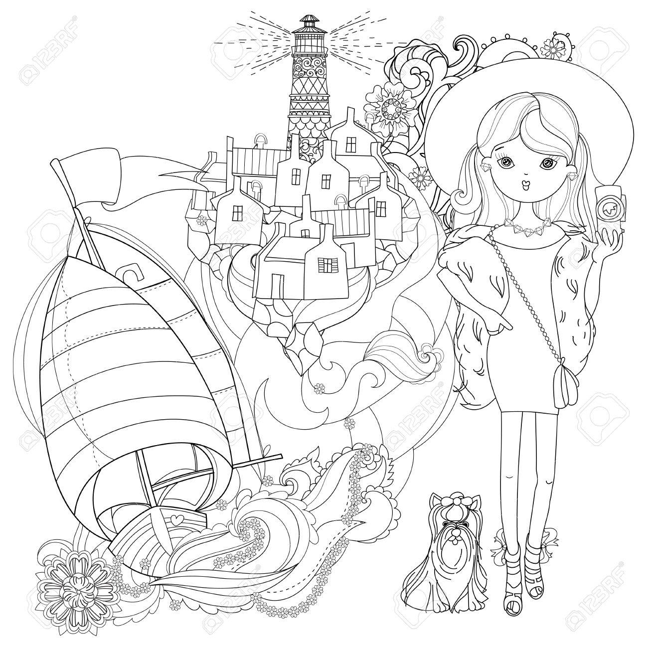 犬とベクトルのかわいいファッションの女の子 ベクトル線図 はがき印刷や大人の塗り絵をスケッチします 手描き無料自由奔放に生きるスタイル落書き 海の景色 ボート 街 灯台 のイラスト素材 ベクタ Image