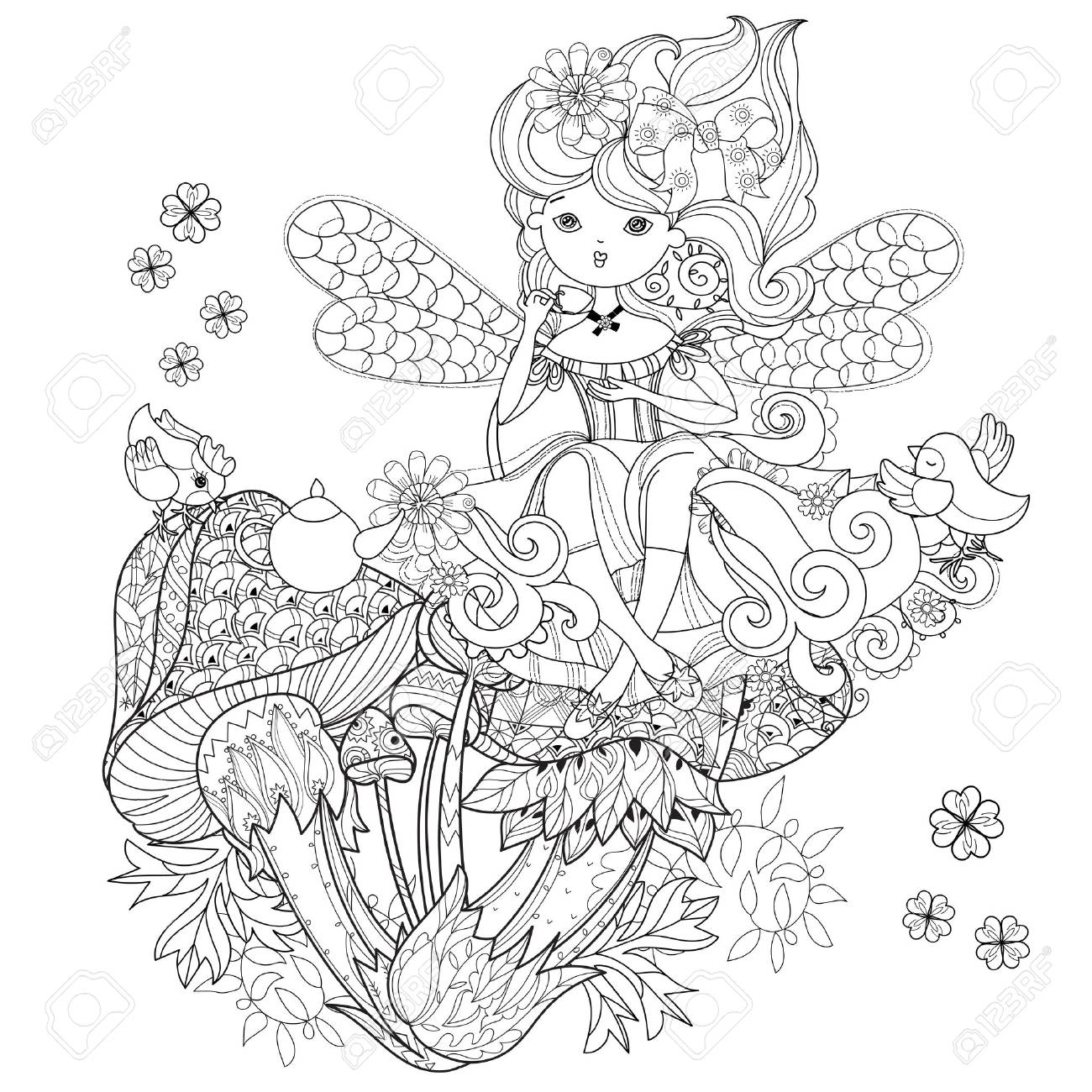 Vector Cute Fairy Girl In Flowers On Mushrooms Vector Line Illustration Sketch For Postcard Or Print Or Coloring Adult Book Boho Zentangle Style Doodle Royalty Free Cliparts Vectors And Stock Illustration Image 55913667
