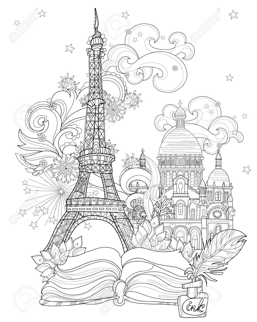 禅芸術様式エッフェル塔物語魔法からベクター イラストを手描き ポスター 子供または大人のぬり絵のスケッチします フランスのコレクションです 自由奔放に生きるスタイルのイラスト素材 ベクタ Image 57488596