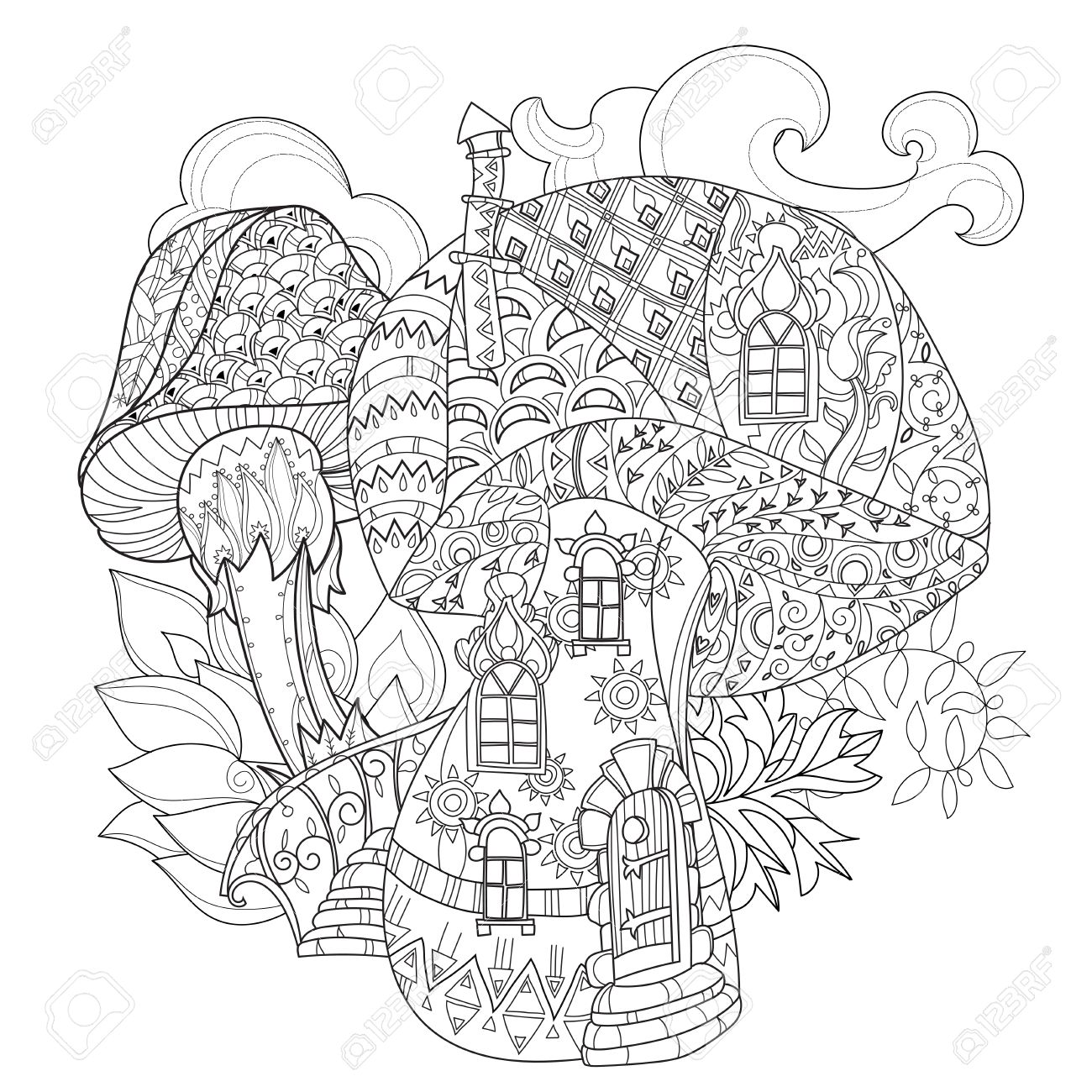 Hand drawn doodle outline magic mushrooms decorated with floral ornaments Floral ornament Sketch for