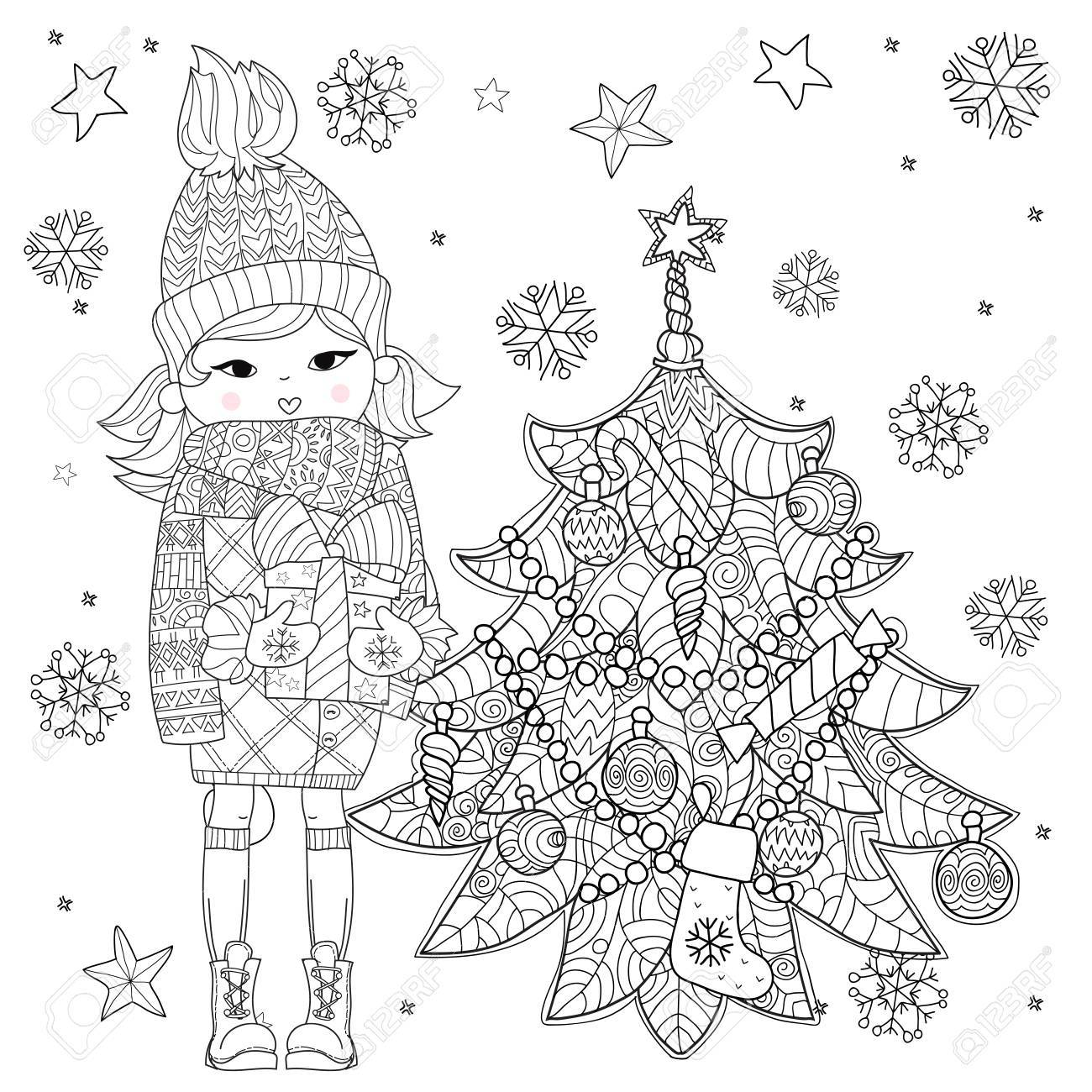 ベクター クリスマスのギフトとモミの木の冬の帽子でかわいい女の子 ベクトル線図 はがき印刷や大人の塗り絵をスケッチします 自由奔放に生きる禅の芸術スタイルです のイラスト素材 ベクタ Image