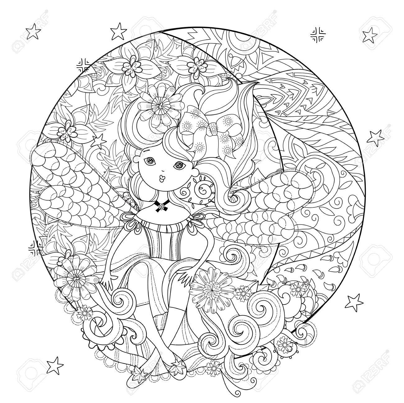 Vector Cute Fairy Girl In Flowers On Christmas Half Moonvector