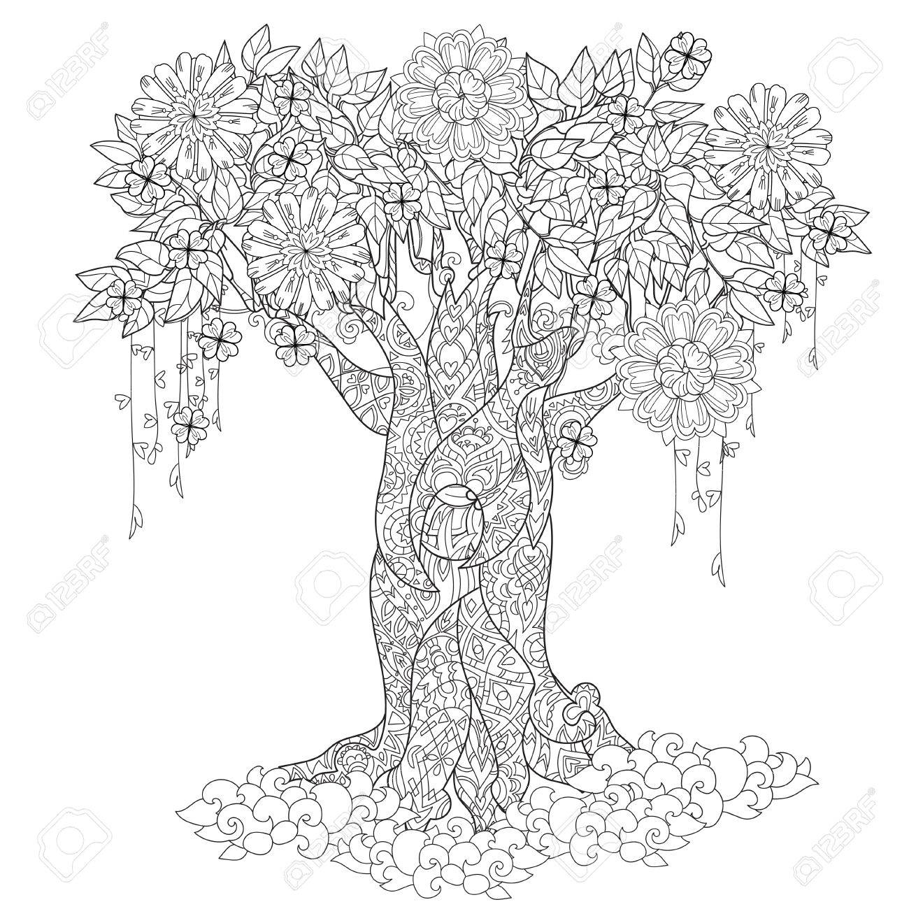 Nette Marchen Baum Von Magischen Wald Mit Blumen Hand Gezeichnet Doodle Zen Art Adult Anti Stress Malbuch Oder Tatowierung Boho Stil Lizenzfrei Nutzbare Vektorgrafiken Clip Arts Illustrationen Image 60187626