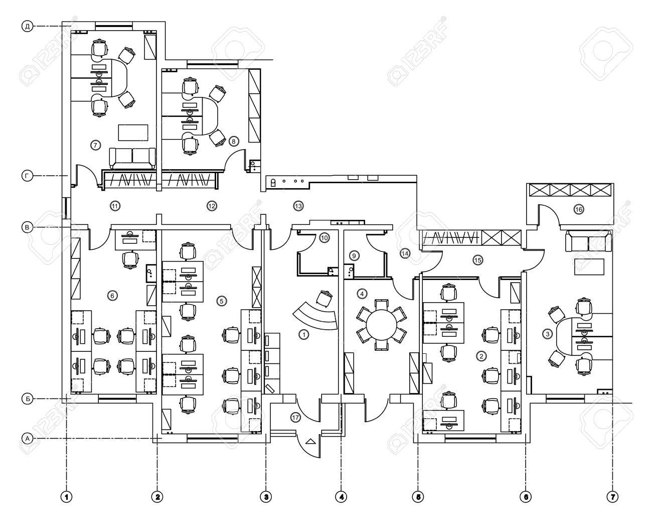 Standard Office Furniture Symbols Set Used In Architecture Plans