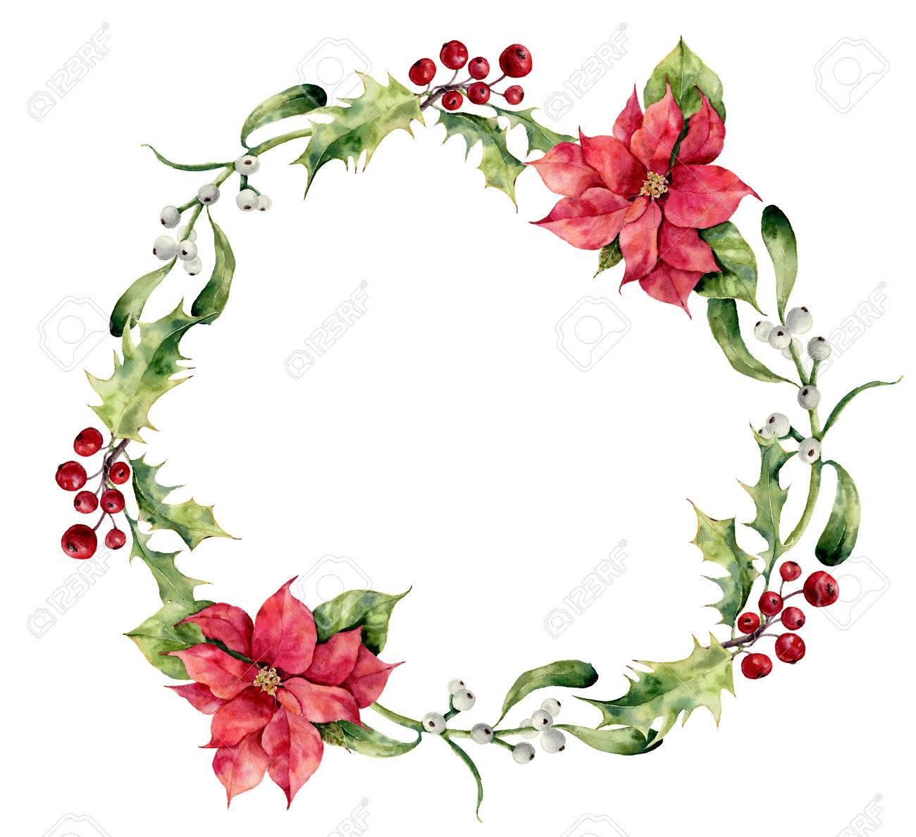 watercolor christmas wreath with holly mistletoe and poinsettia