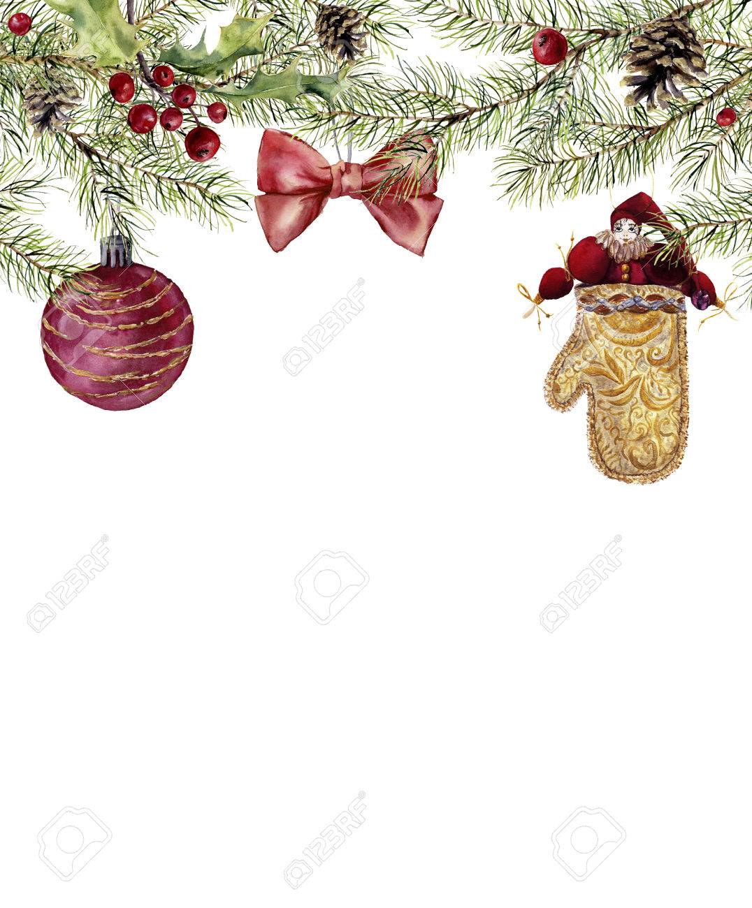 watercolor christmas invitation with toy fir branch with holly christmas invite border