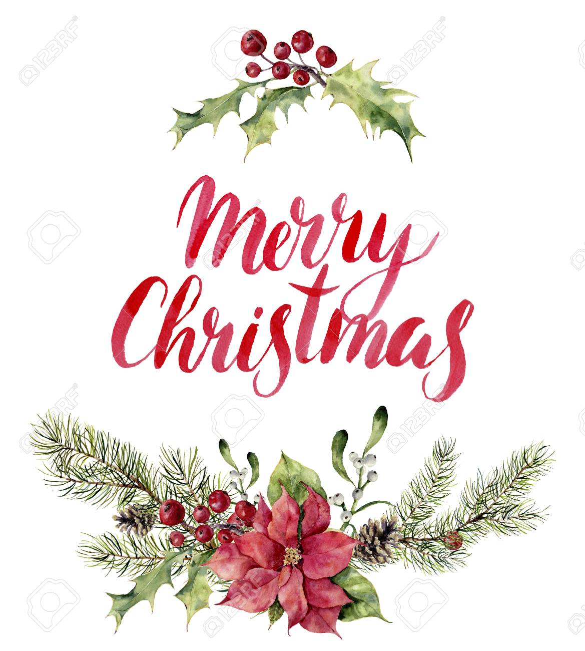 watercolor christmas floral print witn merry christmas lettering