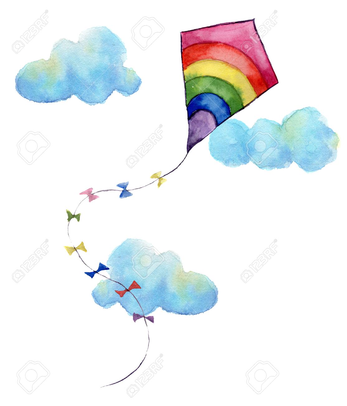 Watercolor print with rainbow air kite and clouds. Hand drawn vintage kite with flags garlands and retro design. Illustrations isolated on white background. - 64301652 Watercolor print with rainbow air kite and clouds. Hand drawn vintage kite with flags garlands and retro design. Illustrations isolated on white background. - 64301652