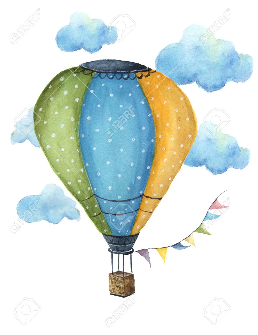 Watercolor hot air balloon set. Hand drawn vintage air balloons with flags garlands, clouds, polka dot pattern and retro design. Illustrations isolated on white background. For design, print and background - 65145305 Watercolor hot air balloon set. Hand drawn vintage air balloons with flags garlands, clouds, polka dot pattern and retro design. Illustrations isolated on white background. For design, print and background - 65145305