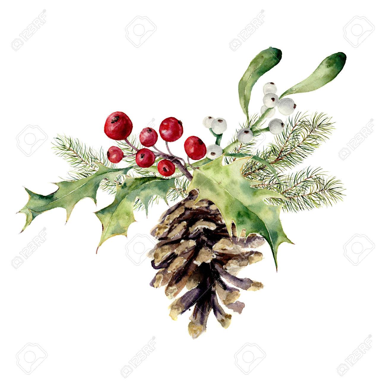 Watercolor fir cone with christmas decor. Pine cone with christmas tree branch, holly and mistletoe on white background. Party element for design, print. - 65145307 Watercolor fir cone with christmas decor. Pine cone with christmas tree branch, holly and mistletoe on white background. Party element for design, print. - 65145307