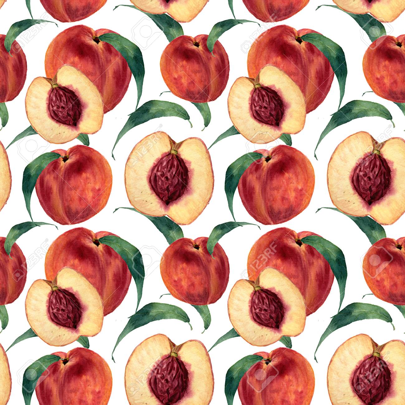 Hand Drawn Watercolor Seamless Pattern With Peaches Vintage