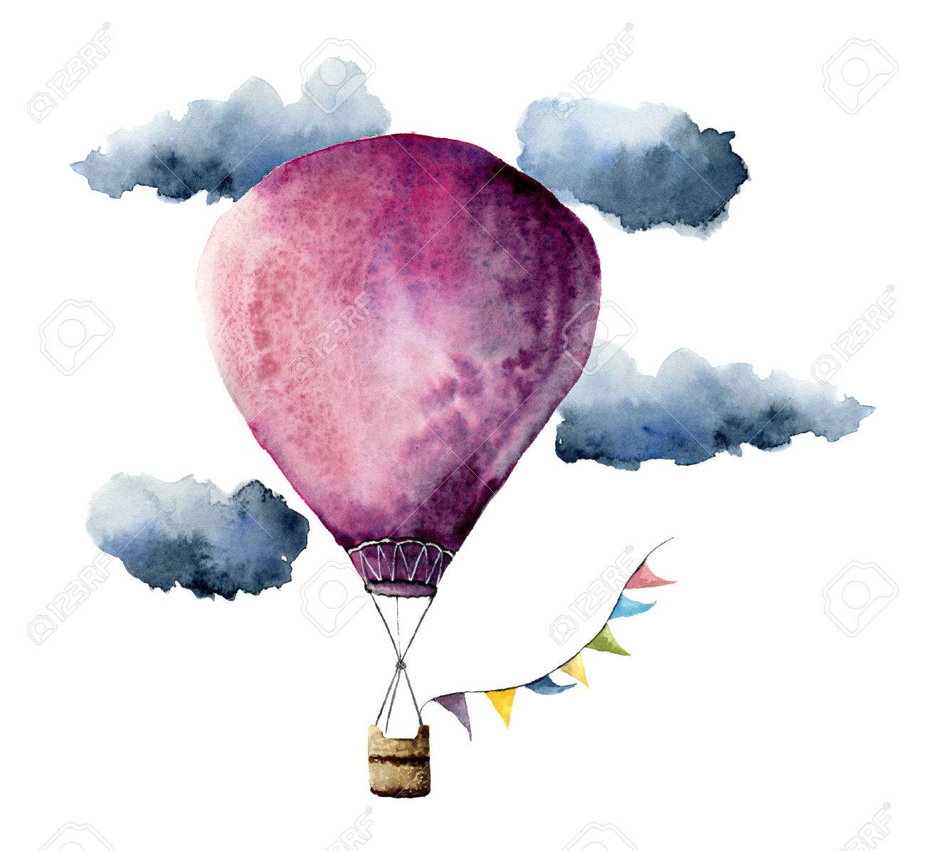 Watercolor violet hot air balloon. Hand painted vintage air balloons with flags garlands, clouds and retro design. Illustrations isolated on white background - 71124136 Watercolor violet hot air balloon. Hand painted vintage air balloons with flags garlands, clouds and retro design. Illustrations isolated on white background - 71124136