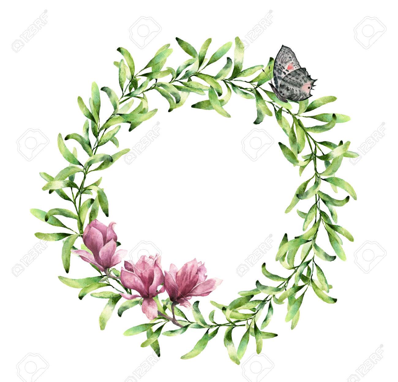 Watercolor Greenery Wreath With Magnolia And Butterfly Hand