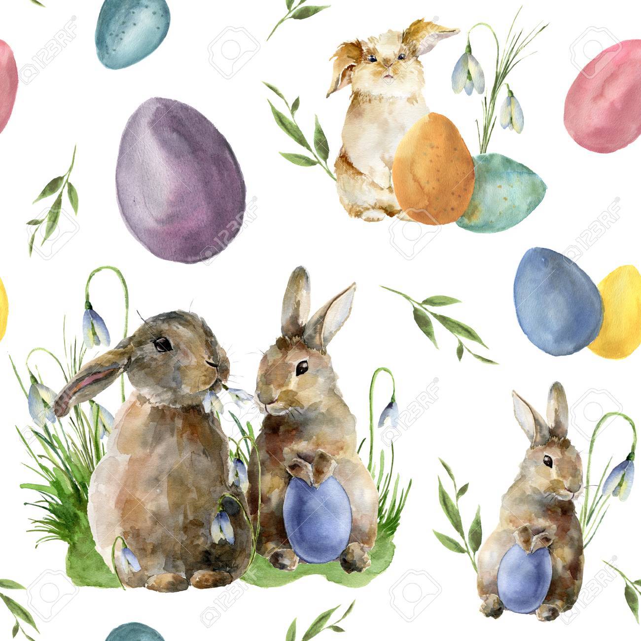 Watercolor easter pattern with rabbit and egg. Holiday ornament with bunny, colored eggs and snowdrops isolated on white background. Nature illustration for design or fabric. - 73394065 Watercolor easter pattern with rabbit and egg. Holiday ornament with bunny, colored eggs and snowdrops isolated on white background. Nature illustration for design or fabric. - 73394065