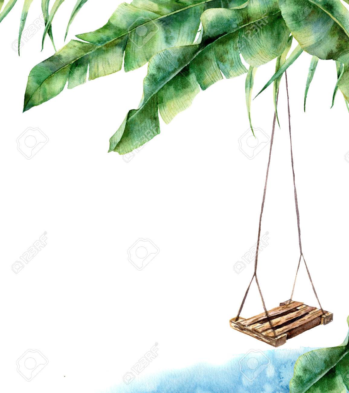 Watercolor tropical card with swing. Hand painted porch swing on banana palm isolated on white background. Tropical print for design, print or background - 80057894 Watercolor tropical card with swing. Hand painted porch swing on banana palm isolated on white background. Tropical print for design, print or background - 80057894