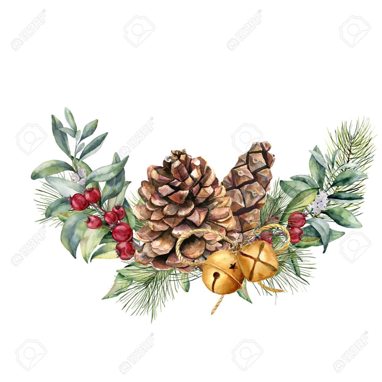 Watercolor winter floral composition. Hand painted snowberry and fir branches, red berries with leaves, pine cone, bells isolated on white background. Christmas illustration for design, print. - 89093301 Watercolor winter floral composition. Hand painted snowberry and fir branches, red berries with leaves, pine cone, bells isolated on white background. Christmas illustration for design, print. - 89093301