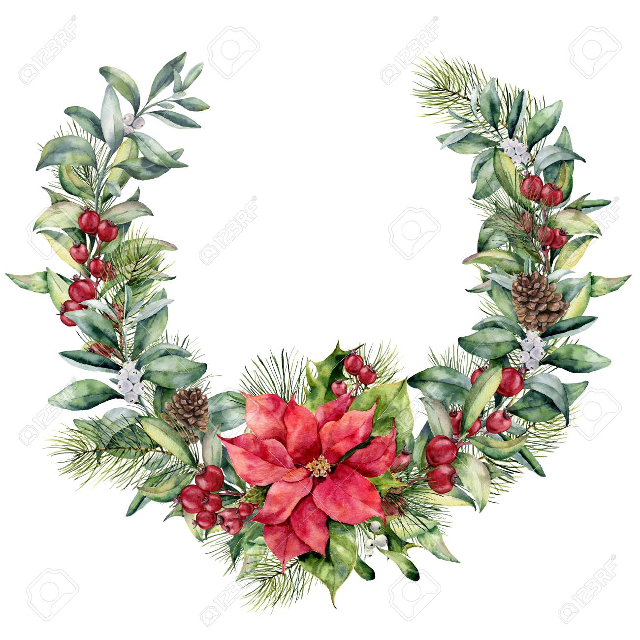 watercolor christmas floral wreath with poinsettia hand painted poinsetta design