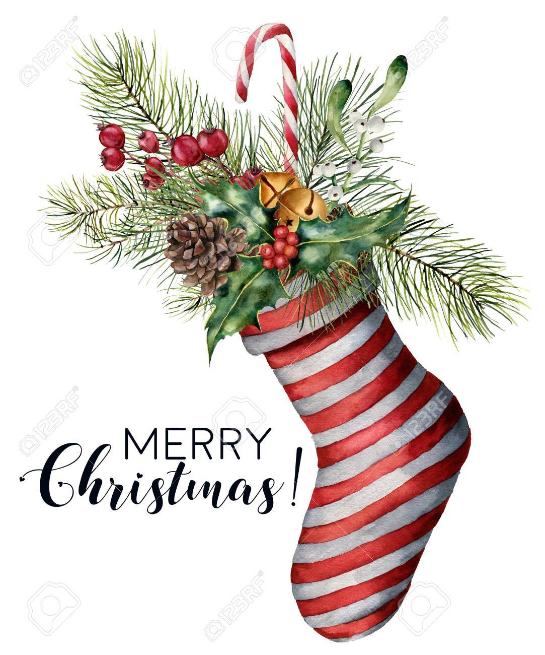 Watercolor Merry Christmas card with decor. Hand painted Christmas striped sock with fir branch, pine cone, holly, mistletoe, candy, bells and berries isolated on white background. Holiday print. - 90094448 Watercolor Merry Christmas card with decor. Hand painted Christmas striped sock with fir branch, pine cone, holly, mistletoe, candy, bells and berries isolated on white background. Holiday print. - 90094448