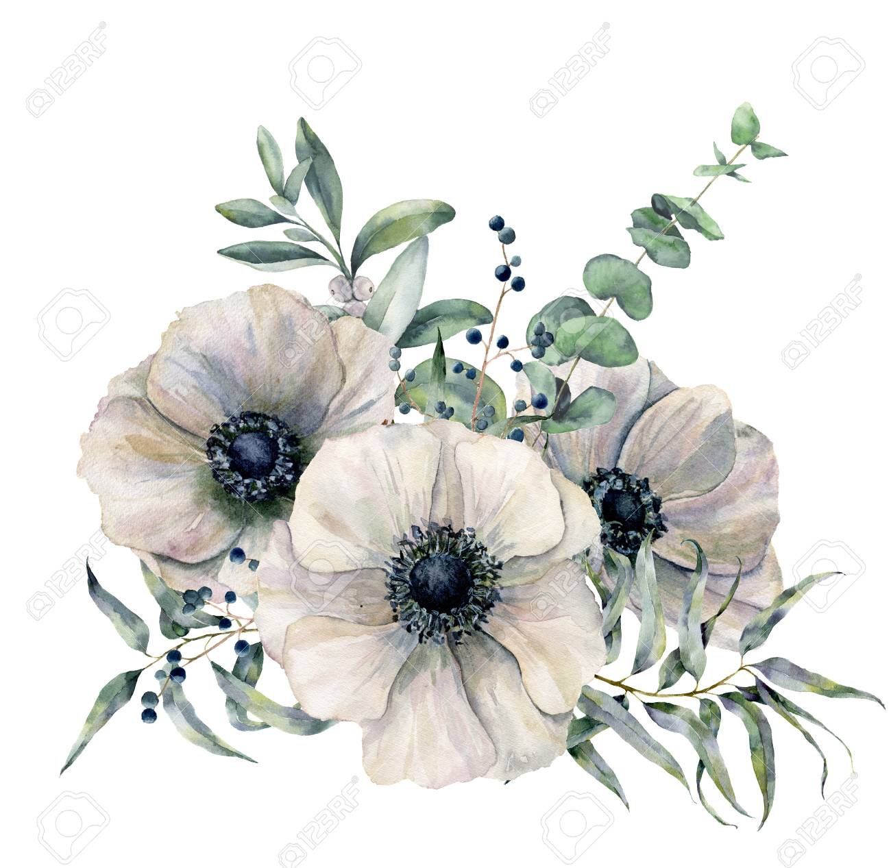 Watercolor white anemone bouquet. Hand painted flower, eucalyptus leaves and juniper isolated on white background. Illustration for design, fabric, print or background. - 99944526 Watercolor white anemone bouquet. Hand painted flower, eucalyptus leaves and juniper isolated on white background. Illustration for design, fabric, print or background. - 99944526