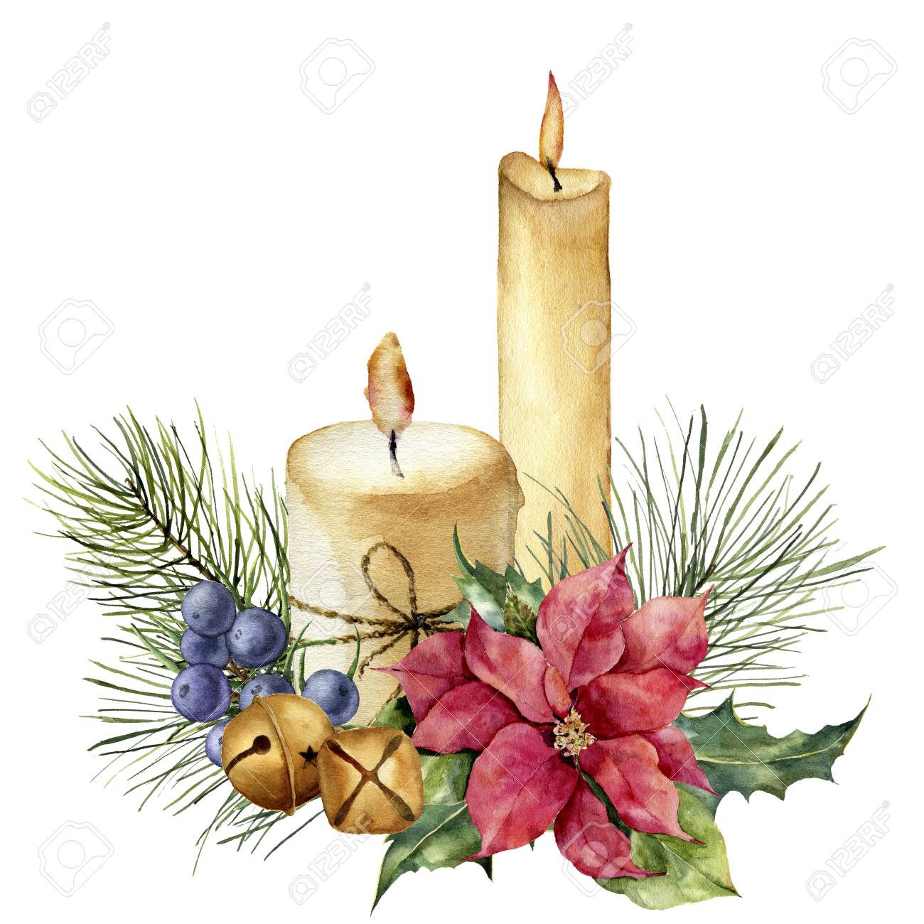 Watercolor Christmas candles with holiday decor. Hand painted floral composition with leaves, poinsettia, bells, juniper berries isolated on white background. Botanical illustration for design. - 100769267 Watercolor Christmas candles with holiday decor. Hand painted floral composition with leaves, poinsettia, bells, juniper berries isolated on white background. Botanical illustration for design. - 100769267