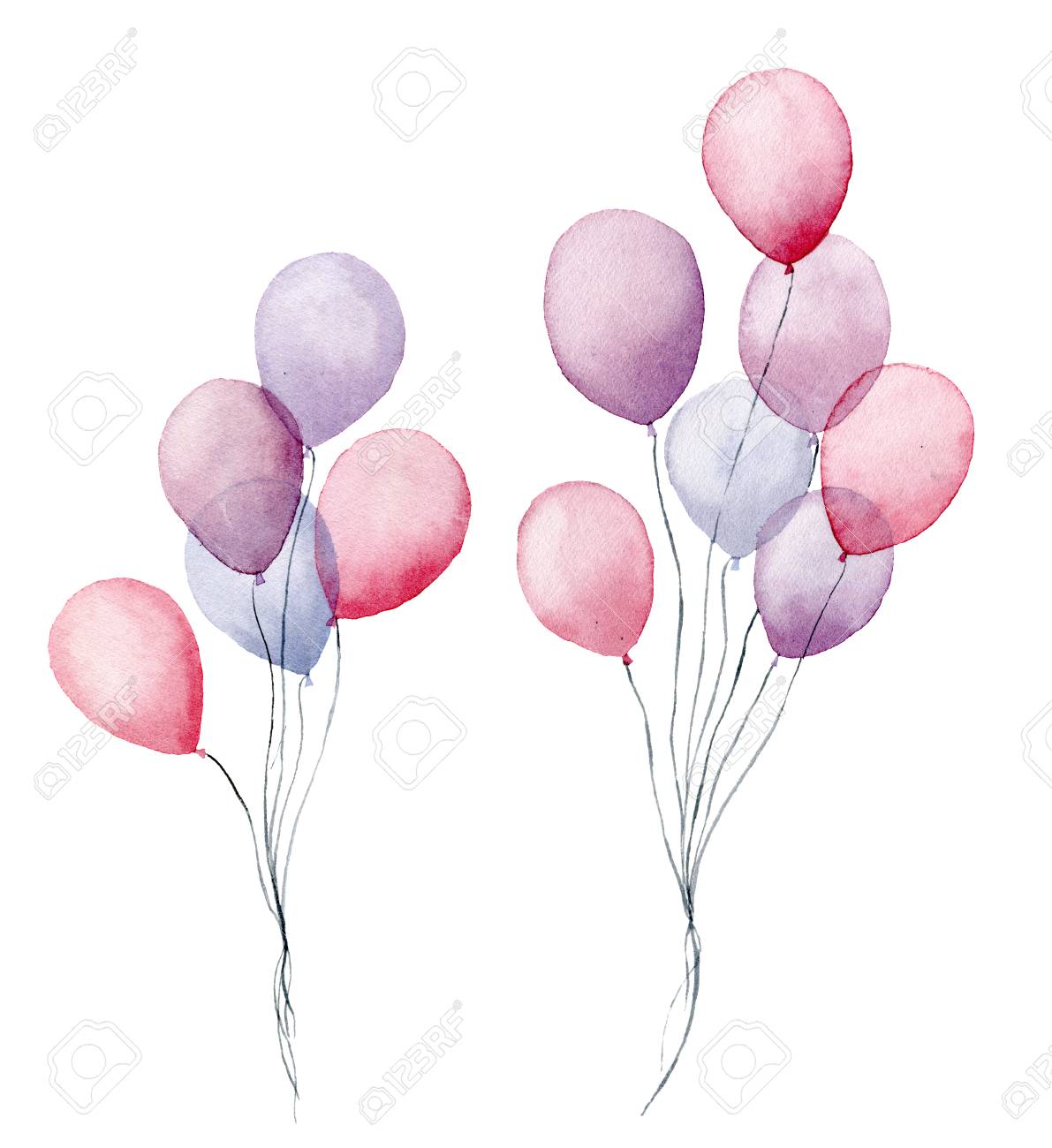 Watercolor air balloons. Hand painted pack of party pink, blue, purple balloons isolated on white background. Greeting decor - 105292524 Watercolor air balloons. Hand painted pack of party pink, blue, purple balloons isolated on white background. Greeting decor - 105292524