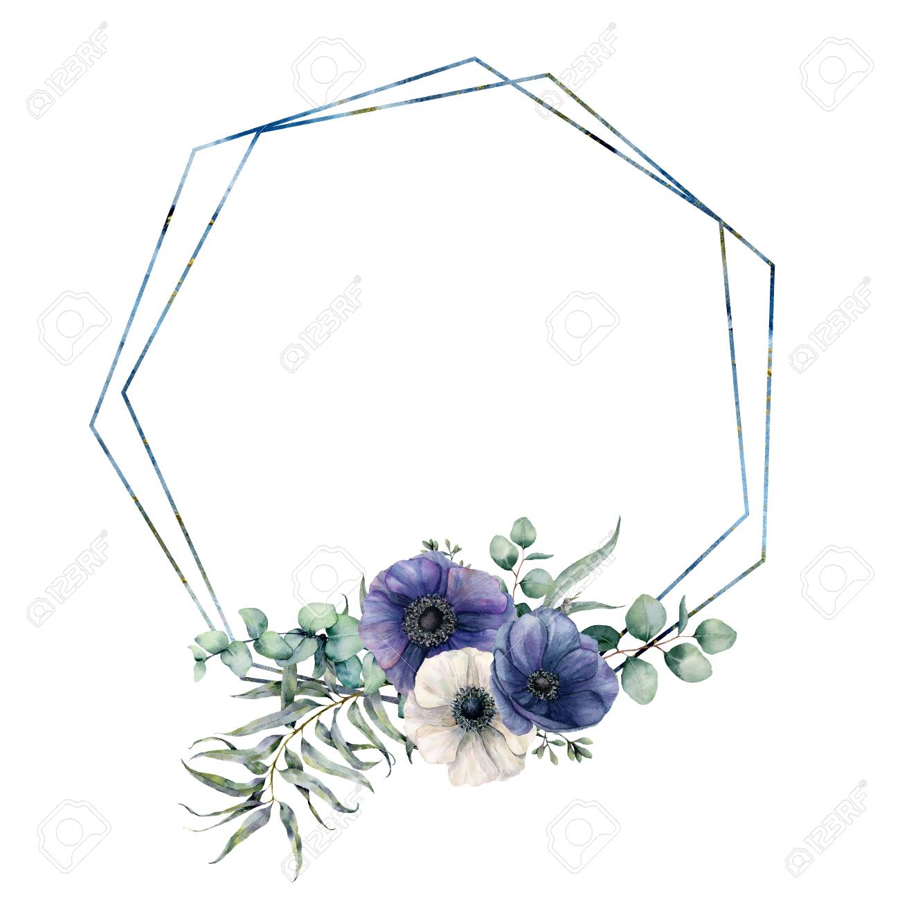 Watercolor hexagonal frame with blue anemone bouquet. Hand drawn modern floral label with eucalyptus leaves and branches, flowers isolated on white background. Greeting template for design, print - 116175062 Watercolor hexagonal frame with blue anemone bouquet. Hand drawn modern floral label with eucalyptus leaves and branches, flowers isolated on white background. Greeting template for design, print - 116175062