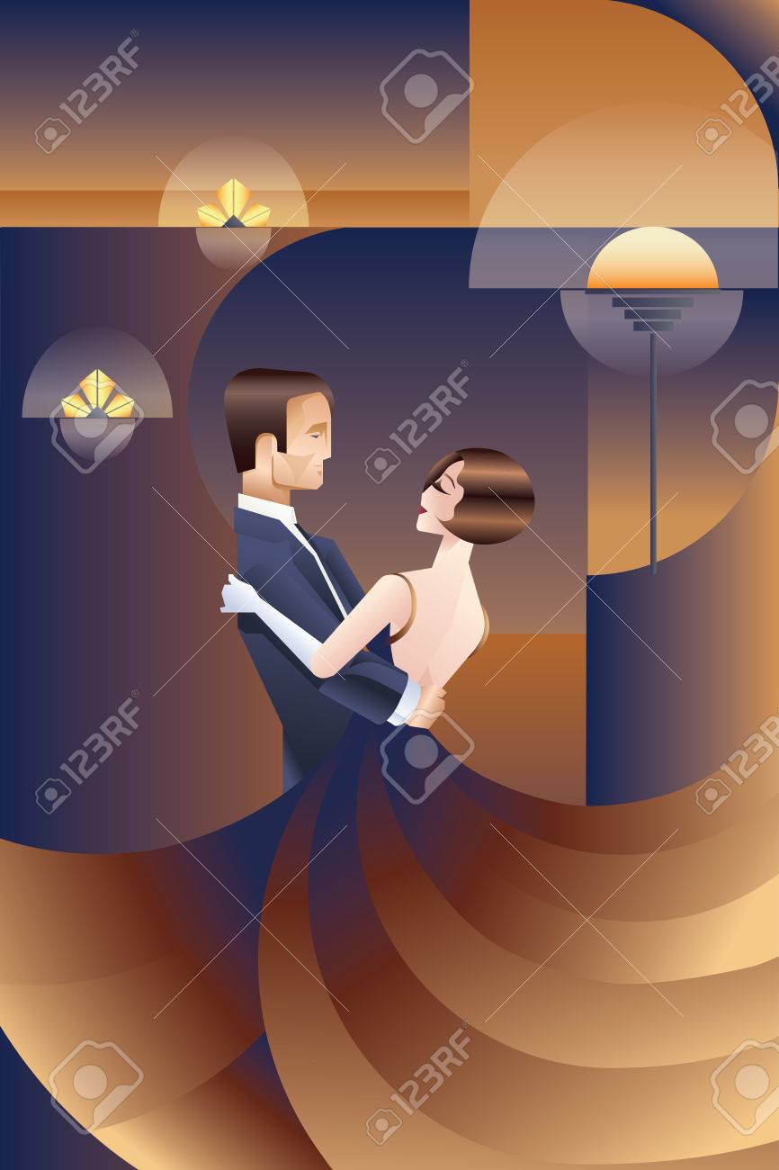 Vector vintage art deco placard design with dancing couple Vector vintage art deco placard design with dancing couple