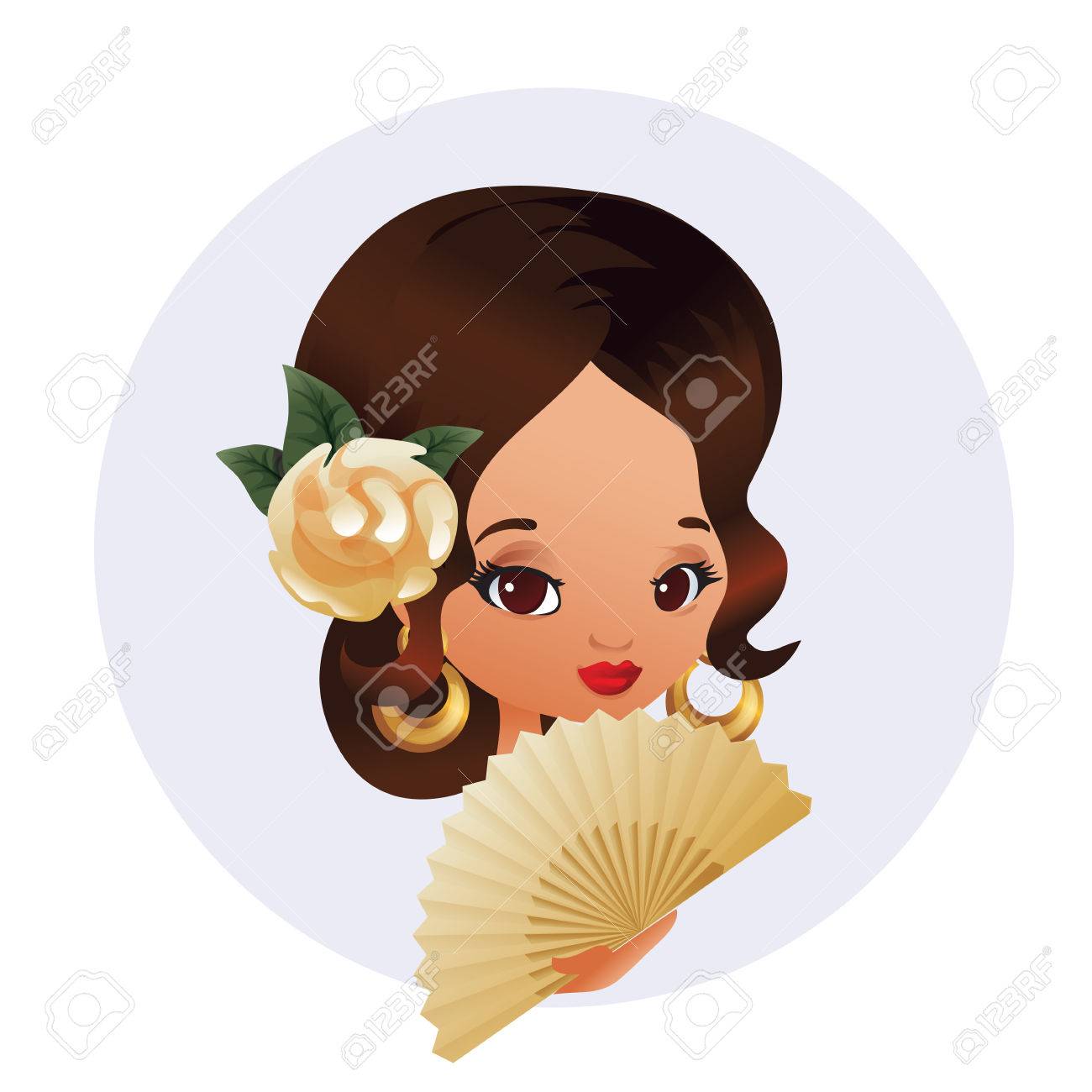 バラの髪型とファン衣装ちび文字の女の子 のイラスト素材 ベクタ Image