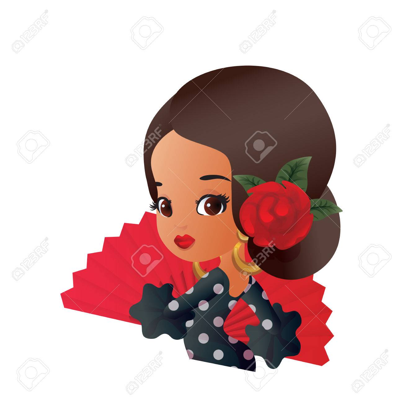 バラの髪型とファン衣装ちび文字の女の子 のイラスト素材 ベクタ Image