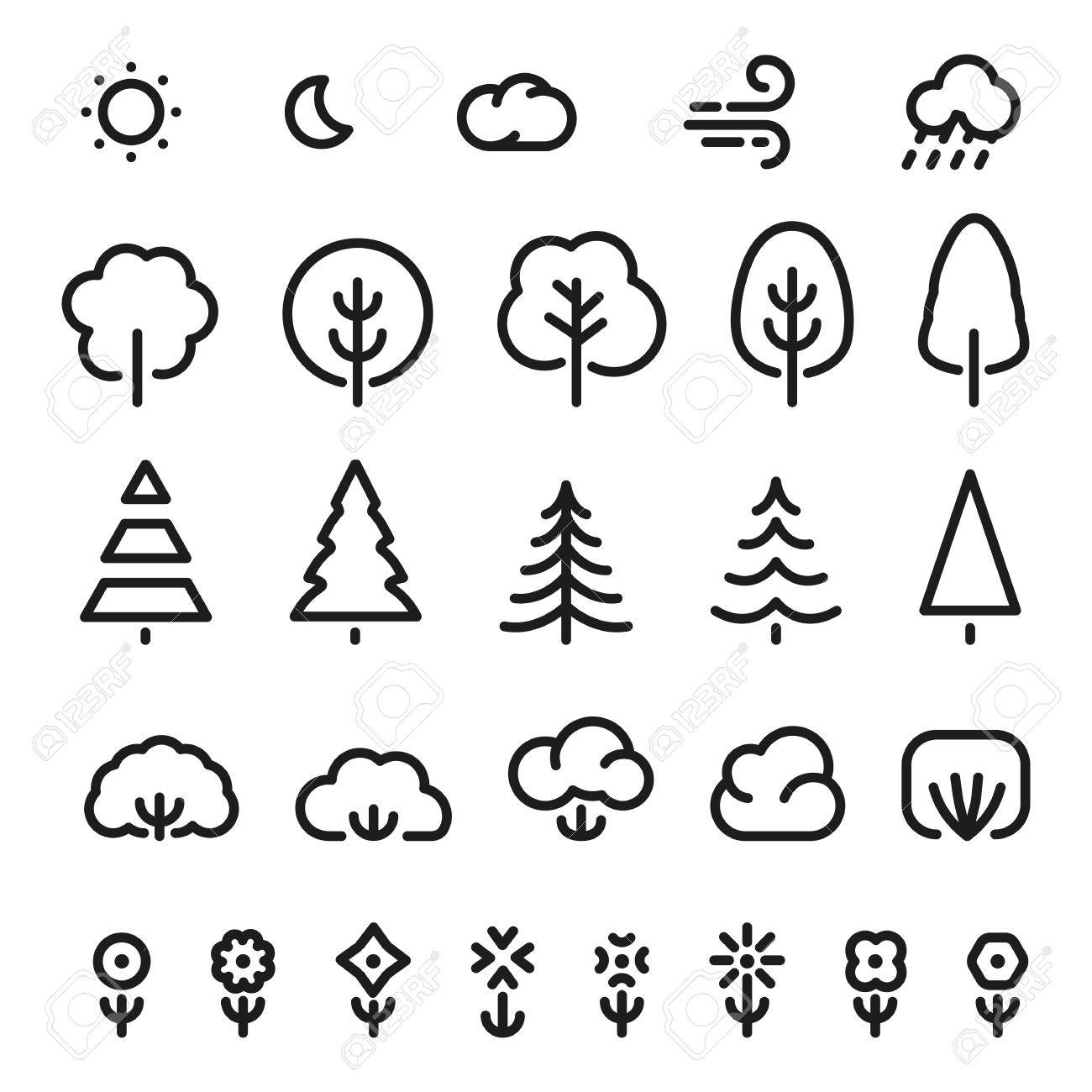 分離の黒い色は 針葉樹 茂み 花 白黒ラインのロゴを設定で天気予報標識を概説しました 白の要素の性質の単純な平面ベクトル イラスト エコのシンボル のイラスト素材 ベクタ Image