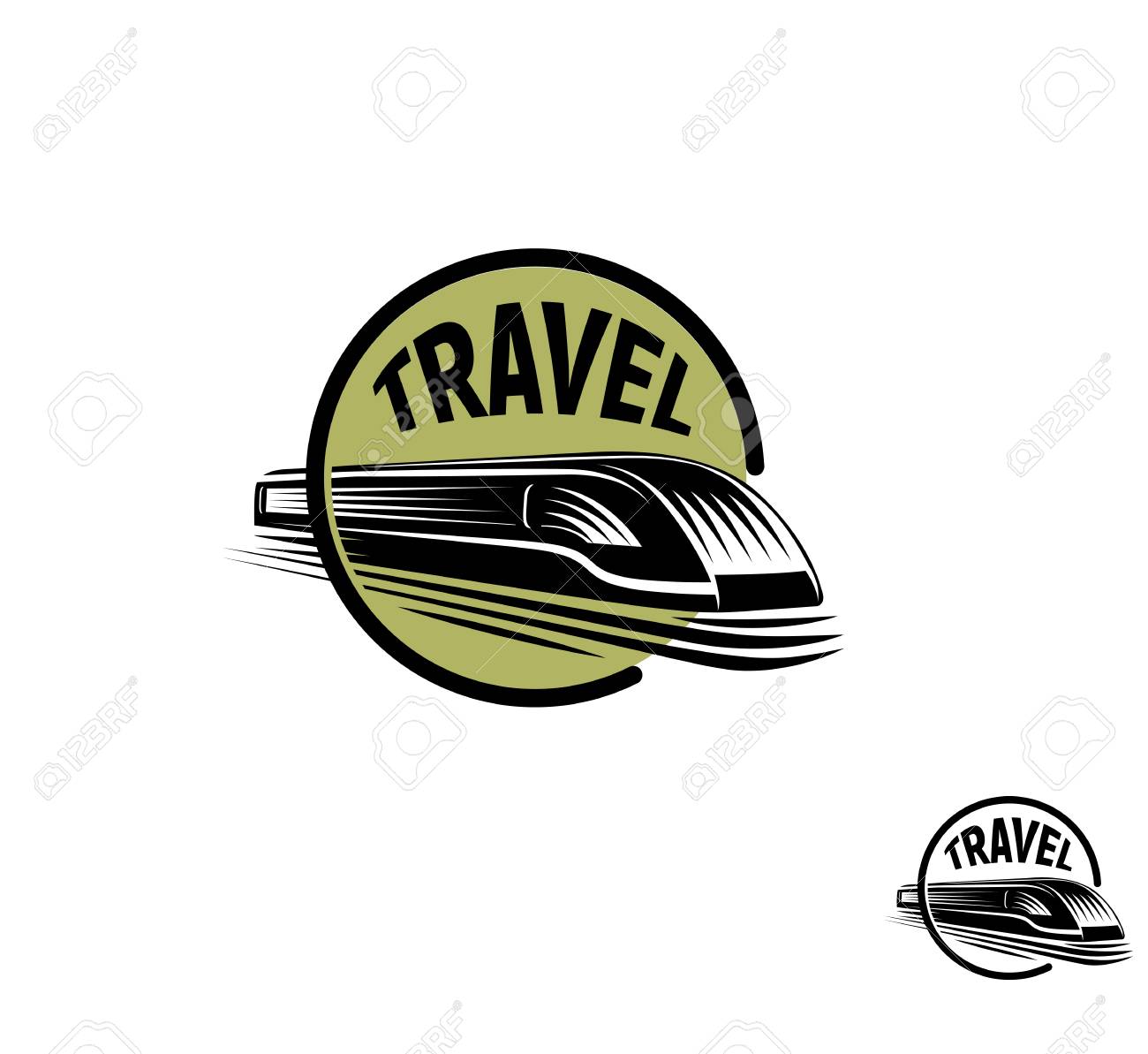 孤立した抽象的なラウンド型の黒い色電車ホワイト バック グラウンド モノクロの近代的な鉄道輸送ロゴタイプ 鉄道要素ベクトル イラストを彫刻で緑枠のロゴで のイラスト素材 ベクタ Image