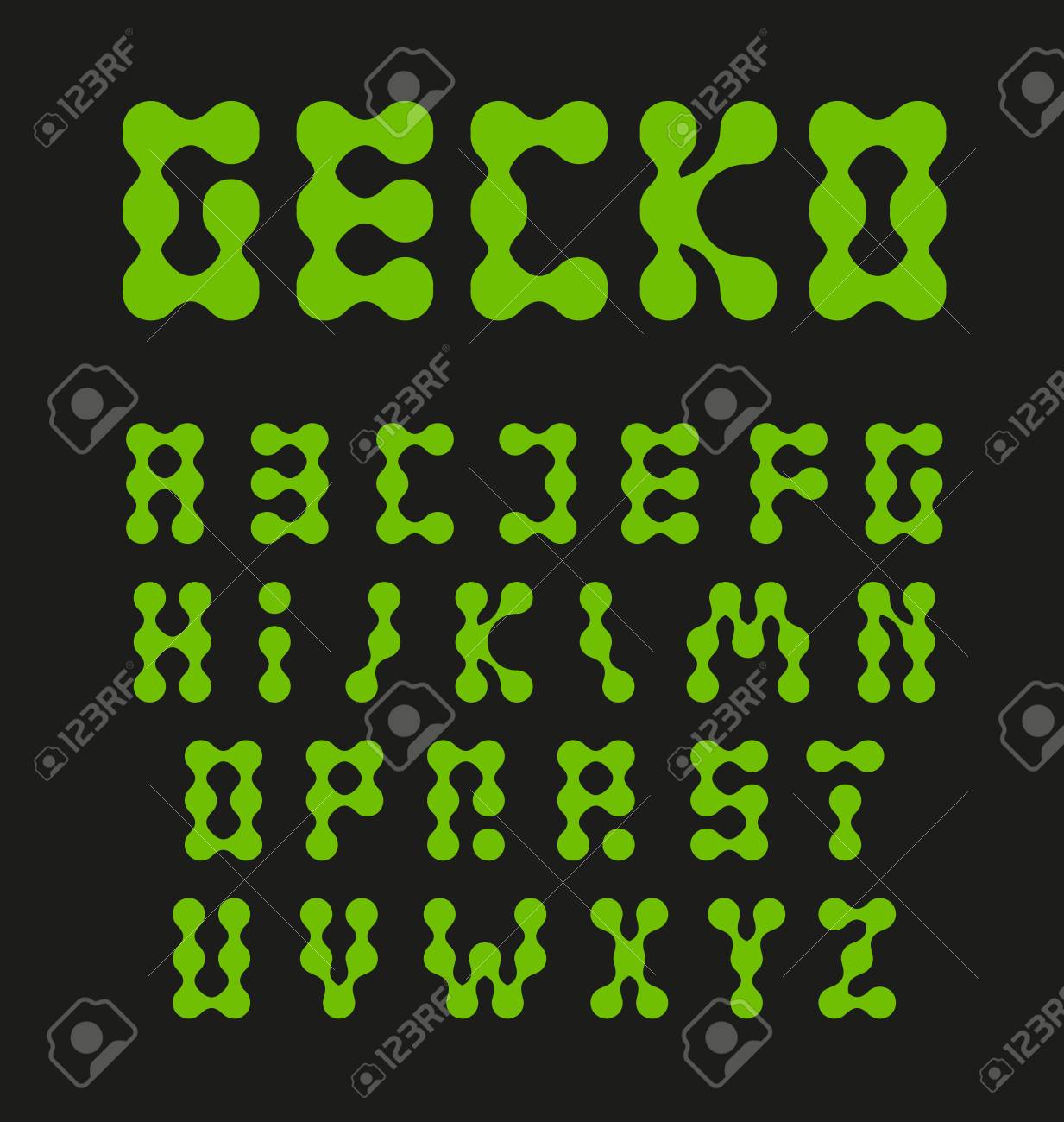 alphabet letters connected circles green color gycon or lizard letters in circles