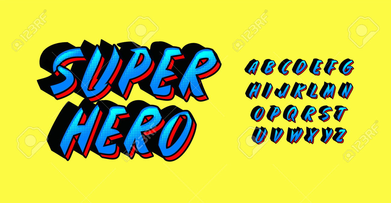 Comic Book Alphabet, Superhero Dynamic Letters, Onomatopoeia Font For  Cartoon Logo And Headline, Funny Vintage Typography With 3d Effect, Game  Design. Vector Typographic Design. Клипарты, SVG, векторы, и Набор  Иллюстраций Без Оплаты