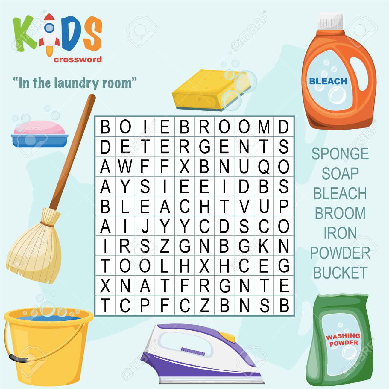easy word search crossword puzzle in the laundry room for children in elementary and middle school fun way to practice language comprehension and expand vocabulary includes answers royalty free cliparts vectors and