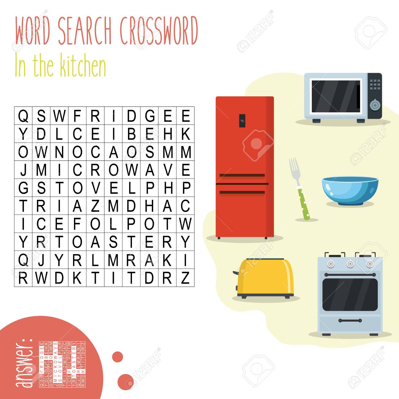 Easy Word Search Crossword Puzzle In The Kitchen For Children In Elementary And Middle School Fun Way To Practice Language Comprehension And Expand Vocabulary Includes Answers Vector Illustration Royalty Free Cliparts Vectors