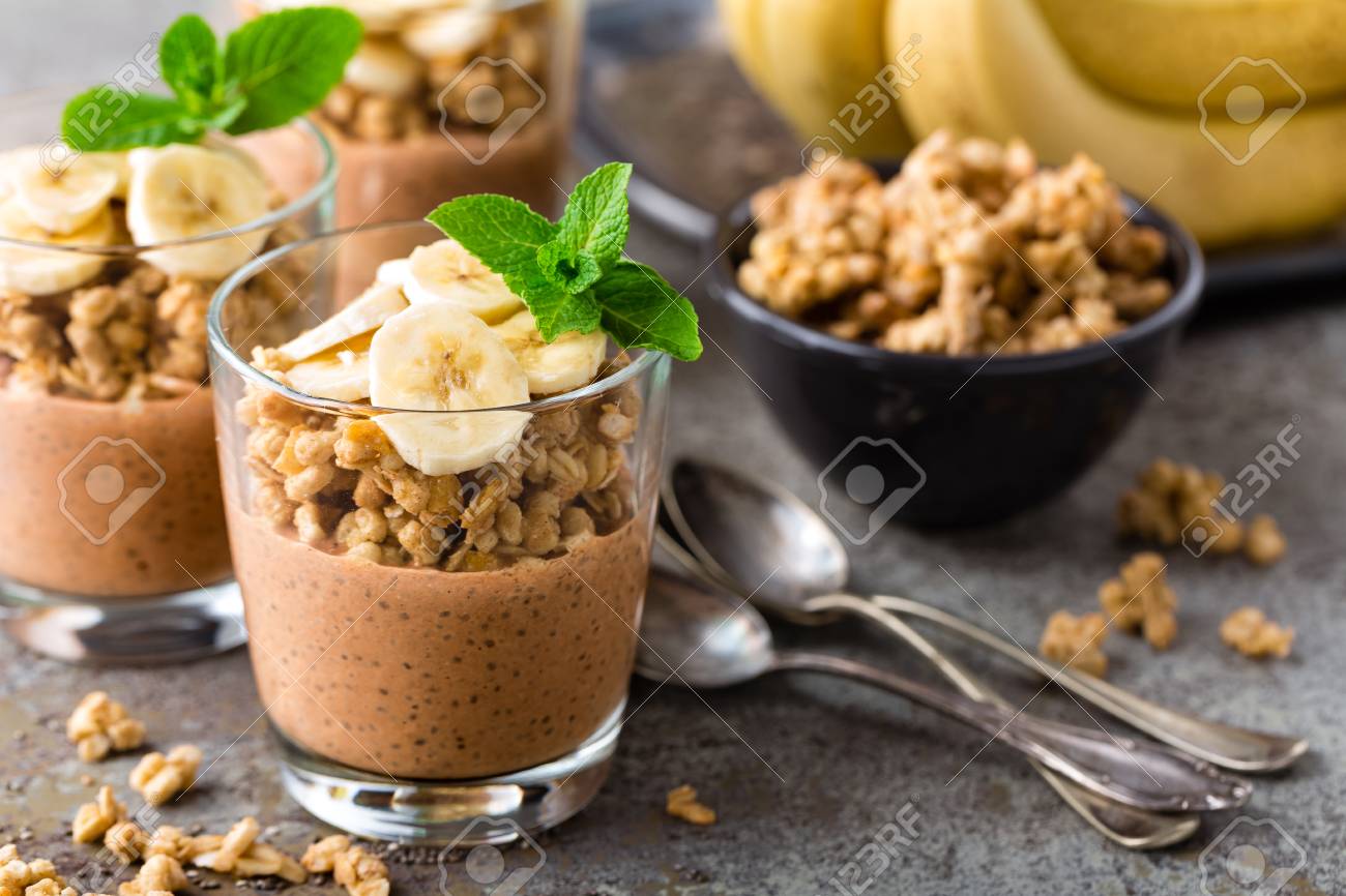 Layered Chocolate Chia Pudding Parfait With Banana Granola And Stock Photo Picture And Royalty Free Image Image 95801920
