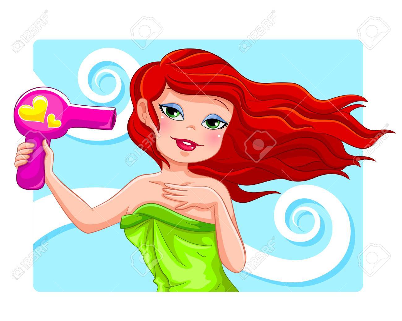 ドライヤーで髪を乾かしてきれいな女の子 のイラスト素材 ベクタ Image