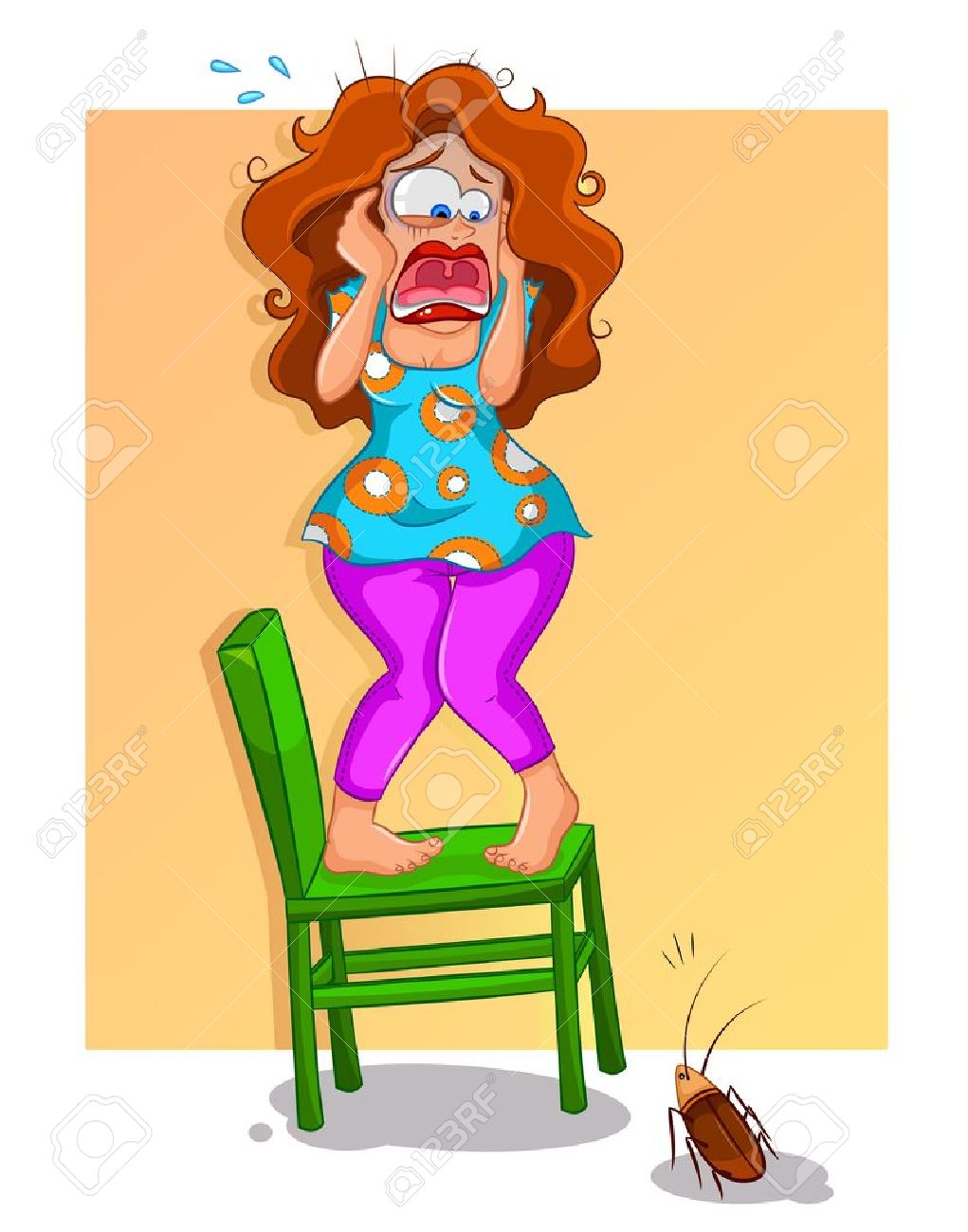 怖い女性の椅子の上に立っていると ゴキブリのために叫んでいます のイラスト素材 ベクタ Image