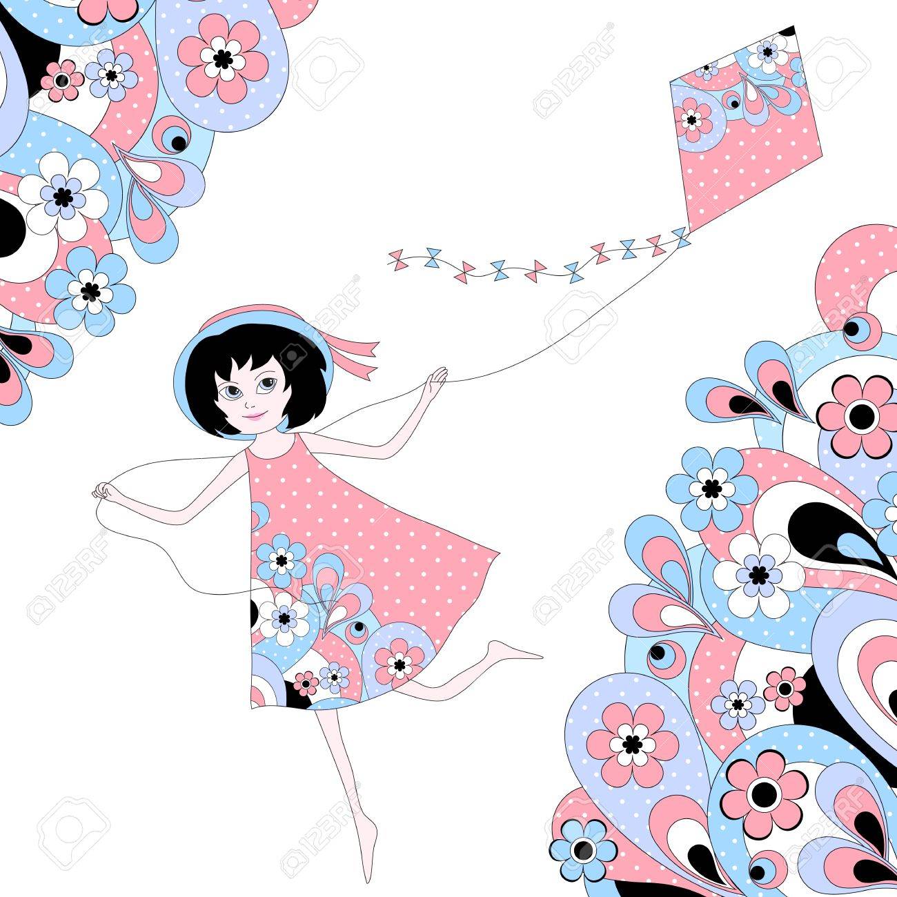 Girl Flying A Kite Between Abstract Floral Pattern Royalty Free Cliparts Vectors And Stock Illustration Image