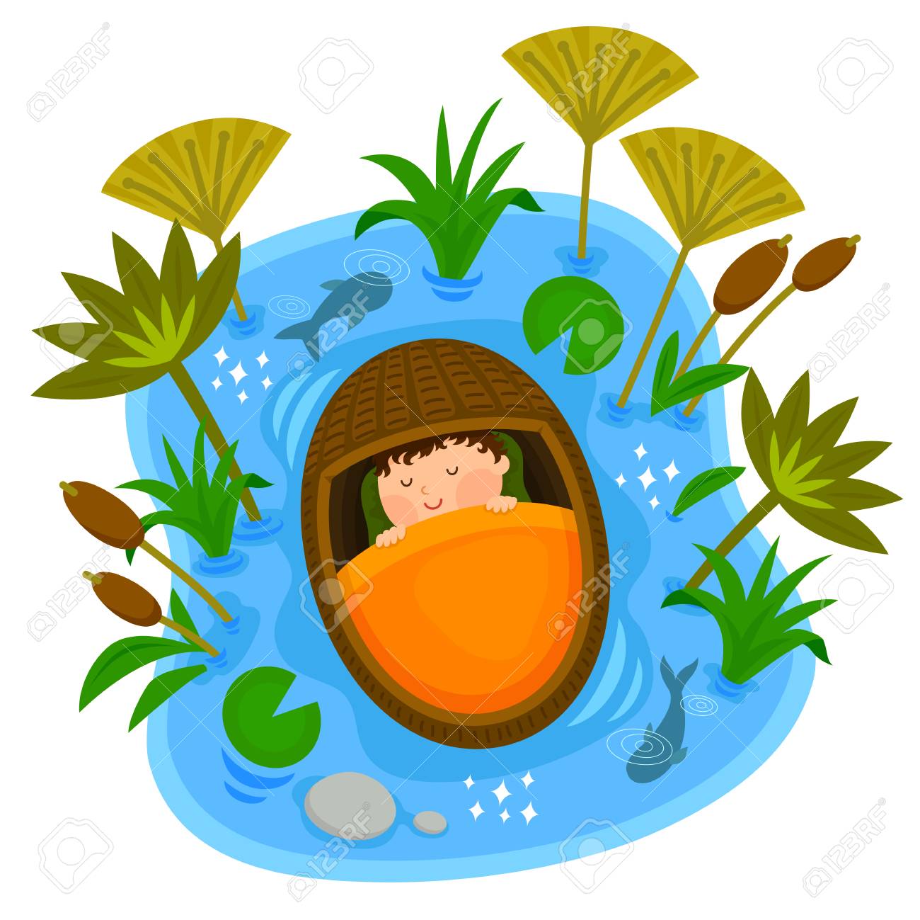 Biblical Scene Of Baby Moses Sleeping Peacefully In The Ark While Floating On The Nile River Royalty Free Cliparts Vectors And Stock Illustration Image