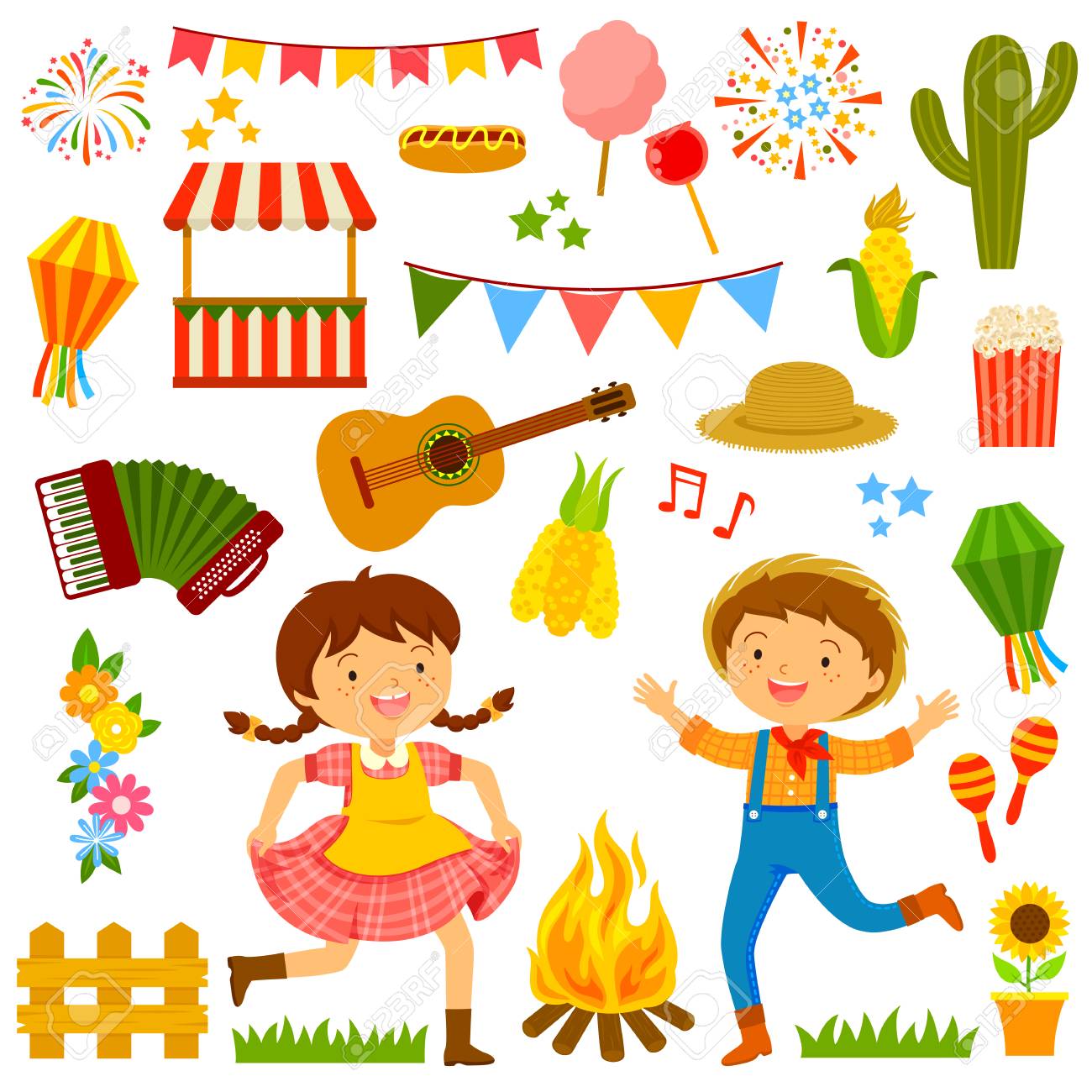 ダンスの子供たちと関連アイテムとのごちそうのための漫画のセット のイラスト素材 ベクタ Image