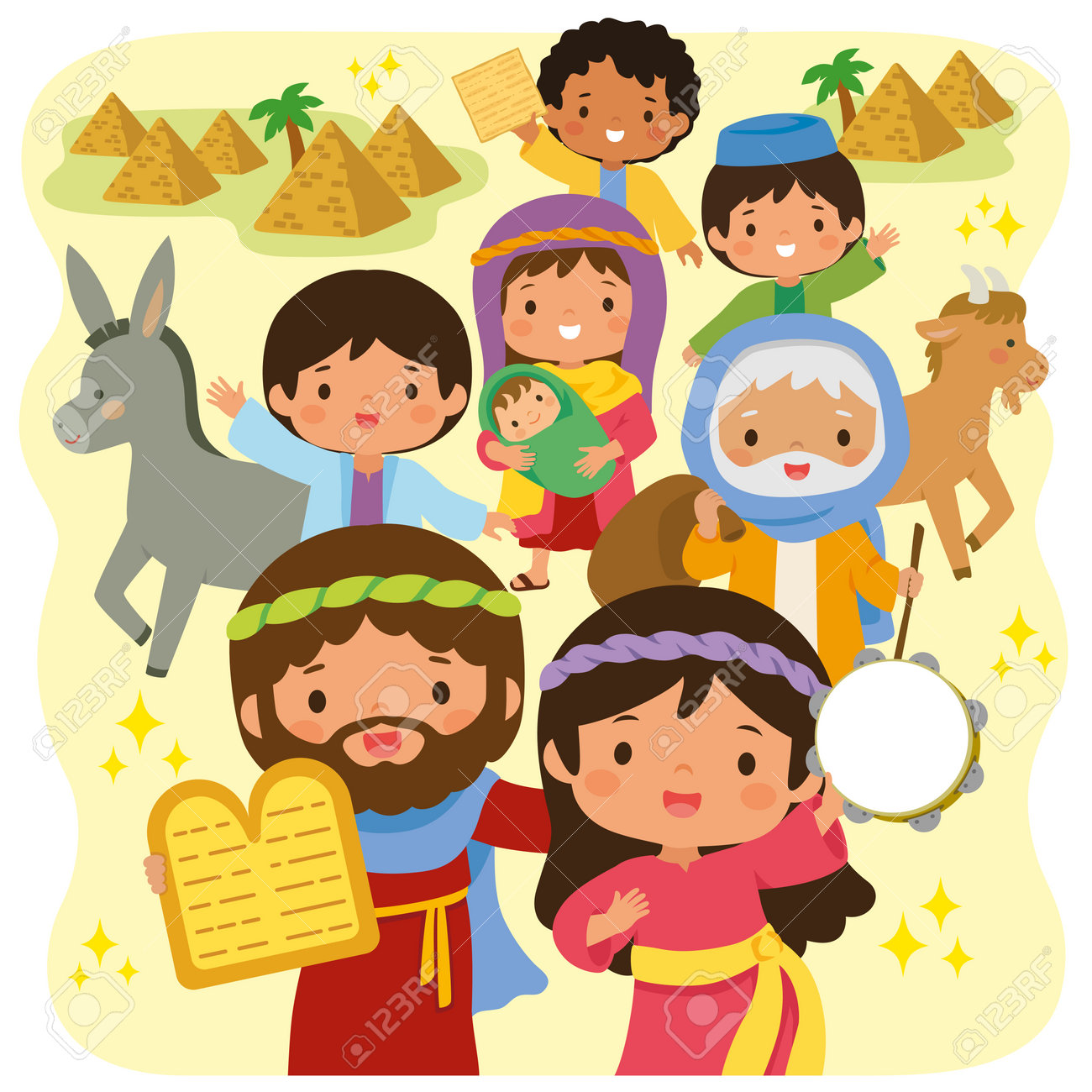 The Passover Story Of The Escape From Egypt. Cartoon Israelites Leaving  Egypt With Moses Holding The Stone Tablet And Miriam Playing The  Tambourine. One Israelite Is Holding A Matz Royalty Free SVG,, image size:1300x1300