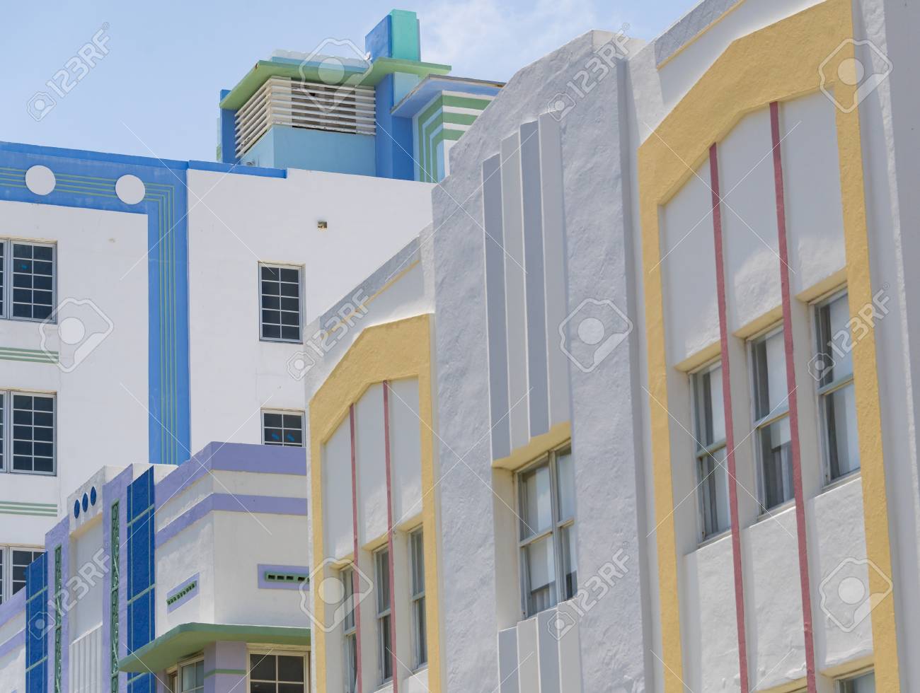 closed shot of pastel painted art deco building in the architectural