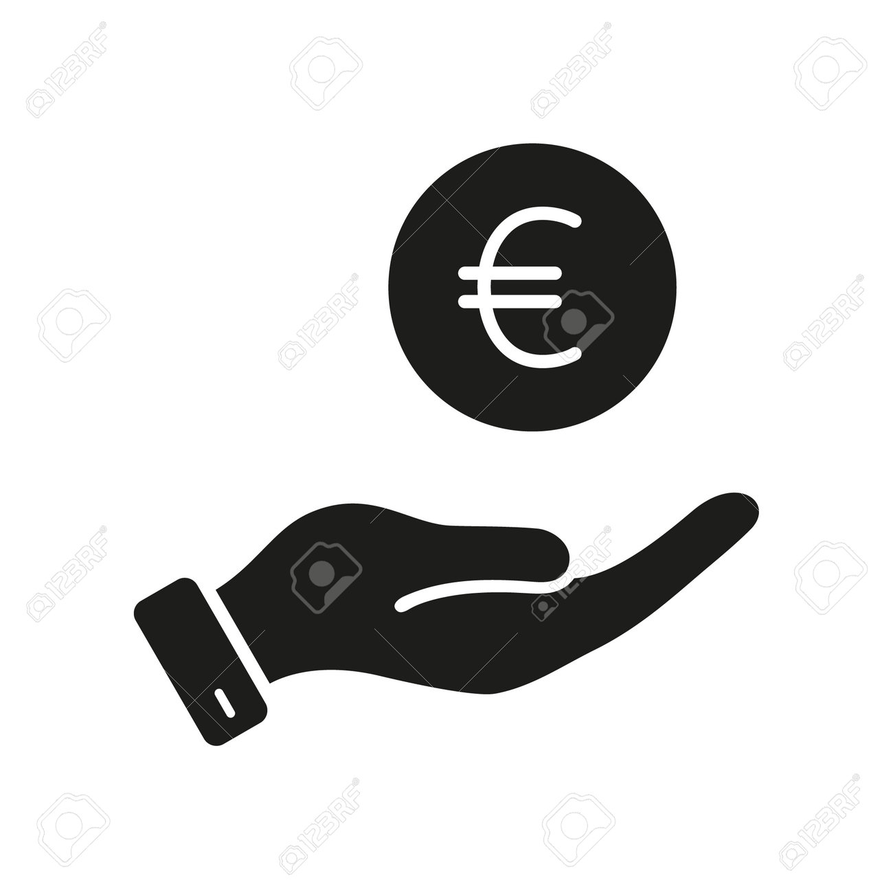 お金を節約する 人間の手のシルエットアイコンでユーロコイン 給料を得る ビジネス 富 グリフ 絵文字 金融経済 固体記号 金融 支払い記号  分離型ベクターイラストのイラスト素材・ベクター Image 212088939
