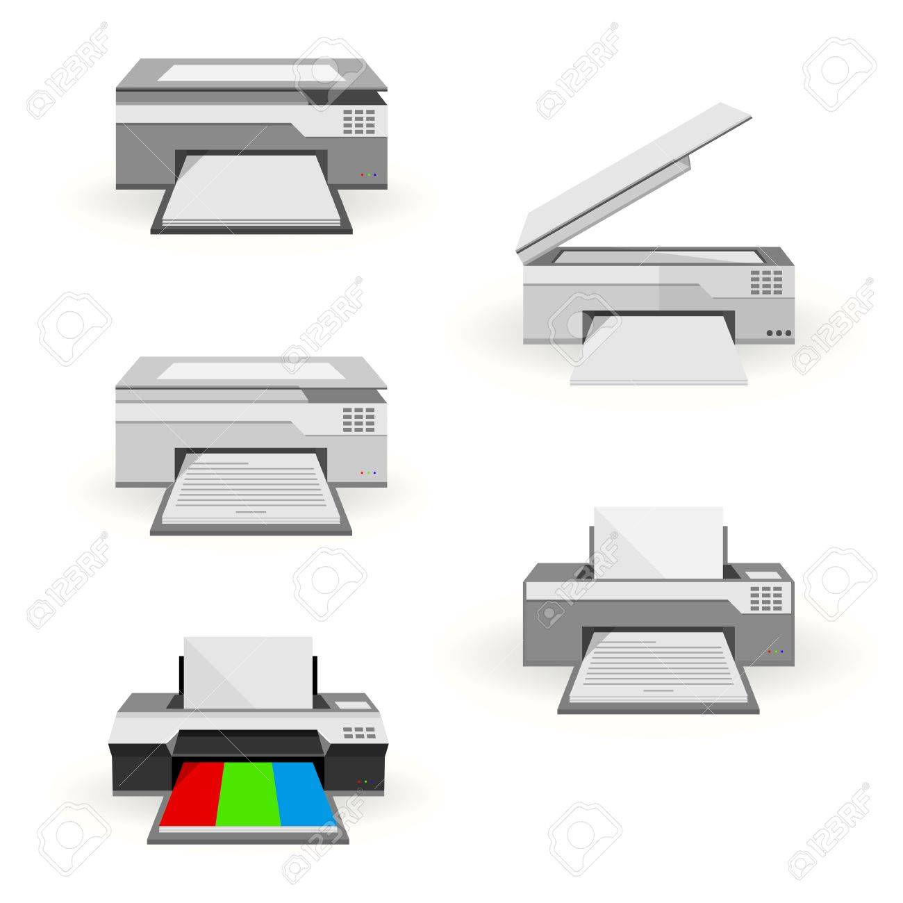 灰色のカラフルなインクジェットプリンターと灰色の複写機 白 5 平らなイラスト のイラスト素材 ベクタ Image 灰色のカラフルなインクジェットプリンターと灰色の複写機 白 5 平らなイラスト のイラスト素材 ベクタ Image