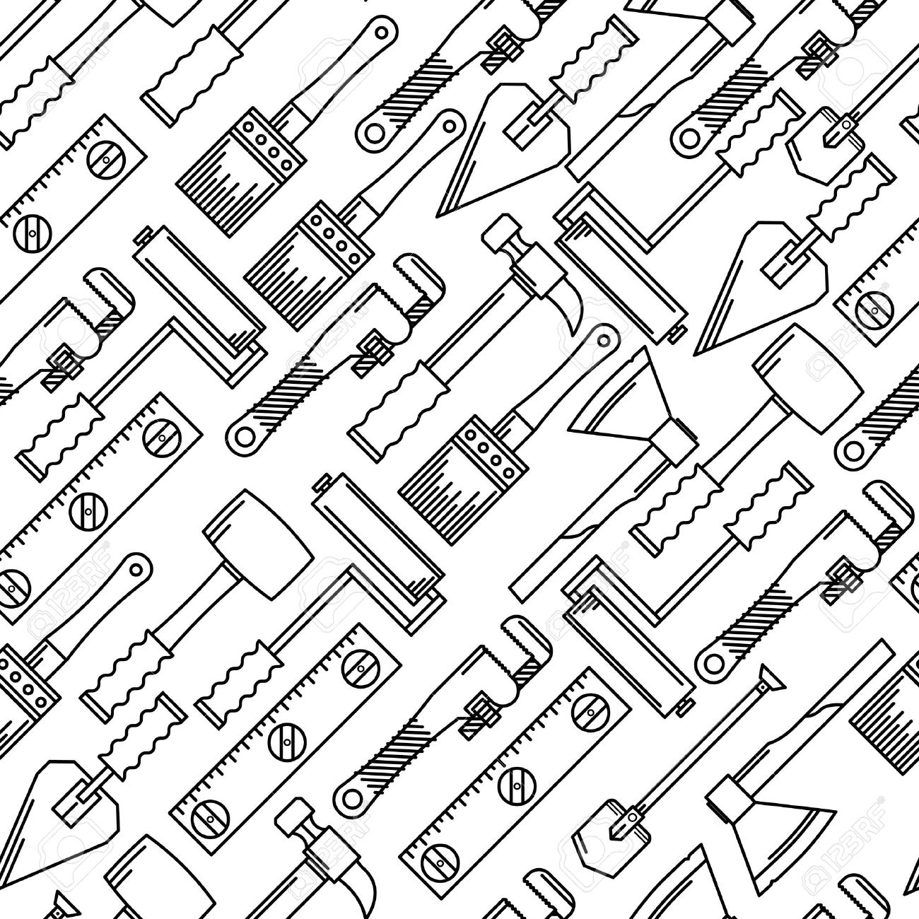 Seamless Vector Pattern With Black Line Woodwork Hand Tools On White Background Stock Seamless Vector Pattern With Black Line Woodwork Hand Tools On White Background Stock